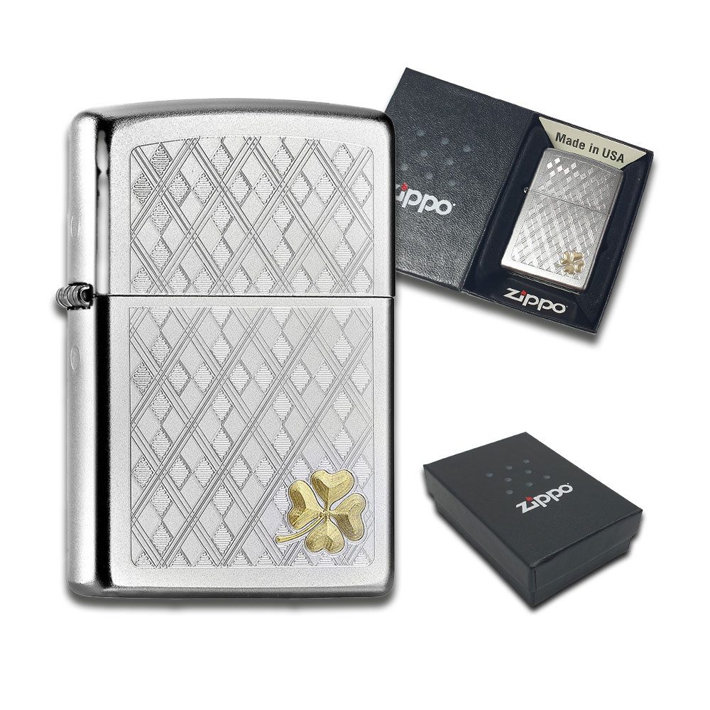Zippo Feuerzeug Zippo Kleeblatt Glücks Benzinfeuerzeug Silber Gold Geschenk Box