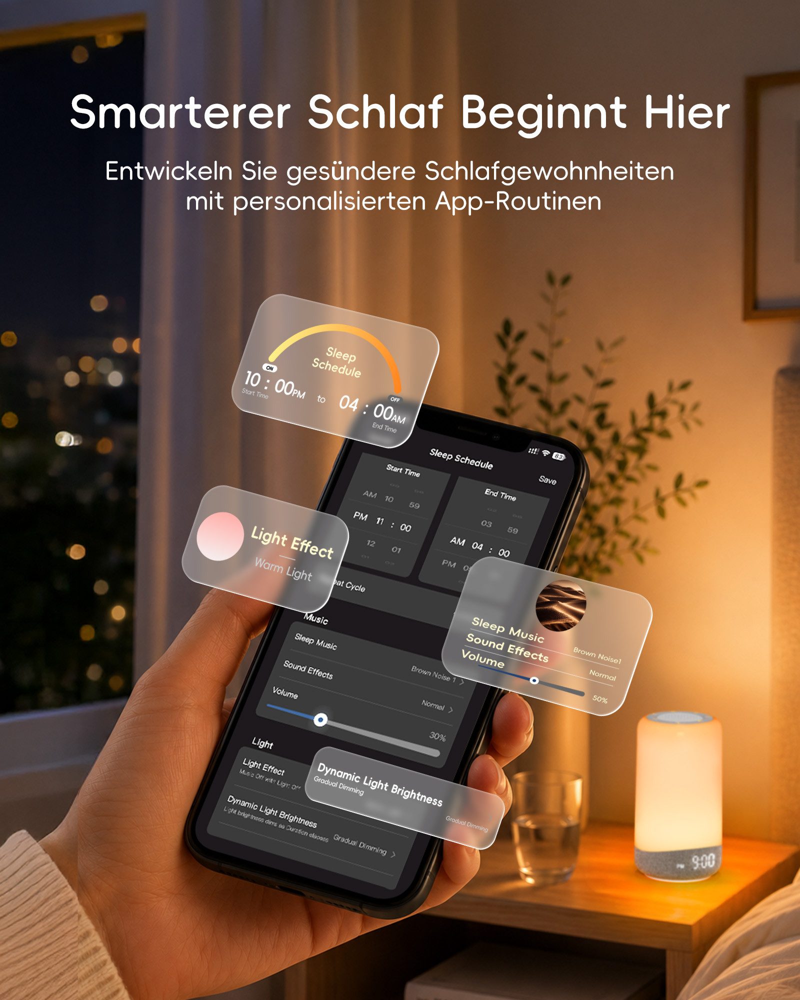 eCozy Tageslichtwecker 3-in-1 Lichtwecker mit 26 Klängen, 17 Lichteffekten und App-Steuerung Sonnenaufgangssimulation, Weißes Rauschen, Nachtlicht, 2.4 GHz WLAN – Bild 4 von 5