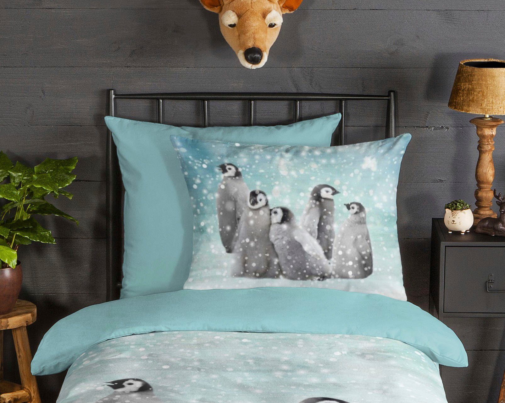 good morning Kinderbettwäsche Pengu, Biber, 2 teilig, Biber, 135x200, Weich, Warm, Reißverschluss, Wendeoptik, Kind, Winter