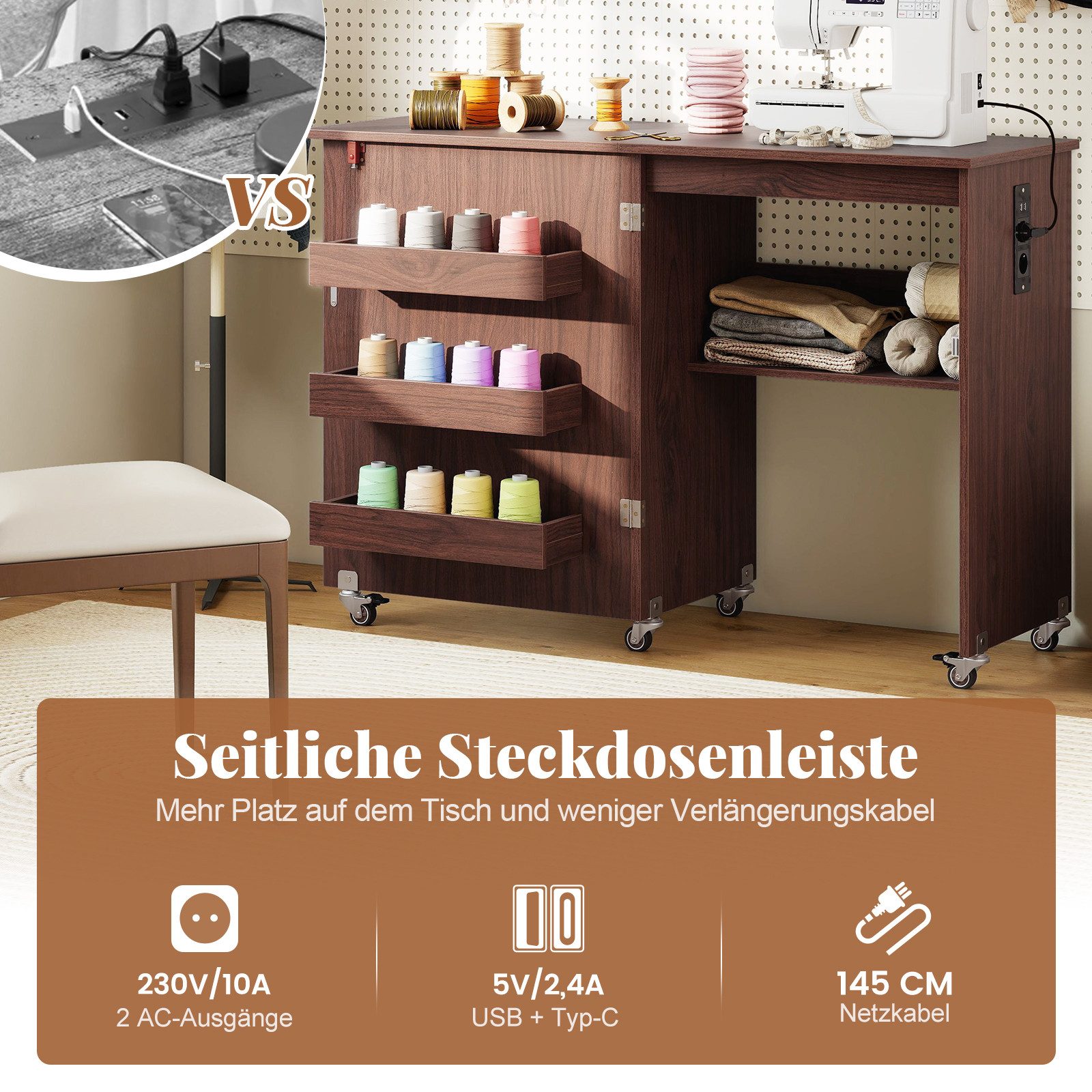 COSTWAY Schreibtisch 2 in 1 Nähtisch klappbar mit Ladestation, Rollen, Nähmaschinenschrank – Bild 3 von 5