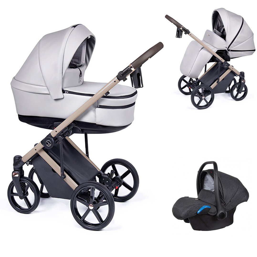 babies-on-wheels Kombi-Kinderwagen 3 in 1 Kinderwagen-Set Fado Eco - 15 Teile - in 21 Designs Hellgrau = Gestell beige