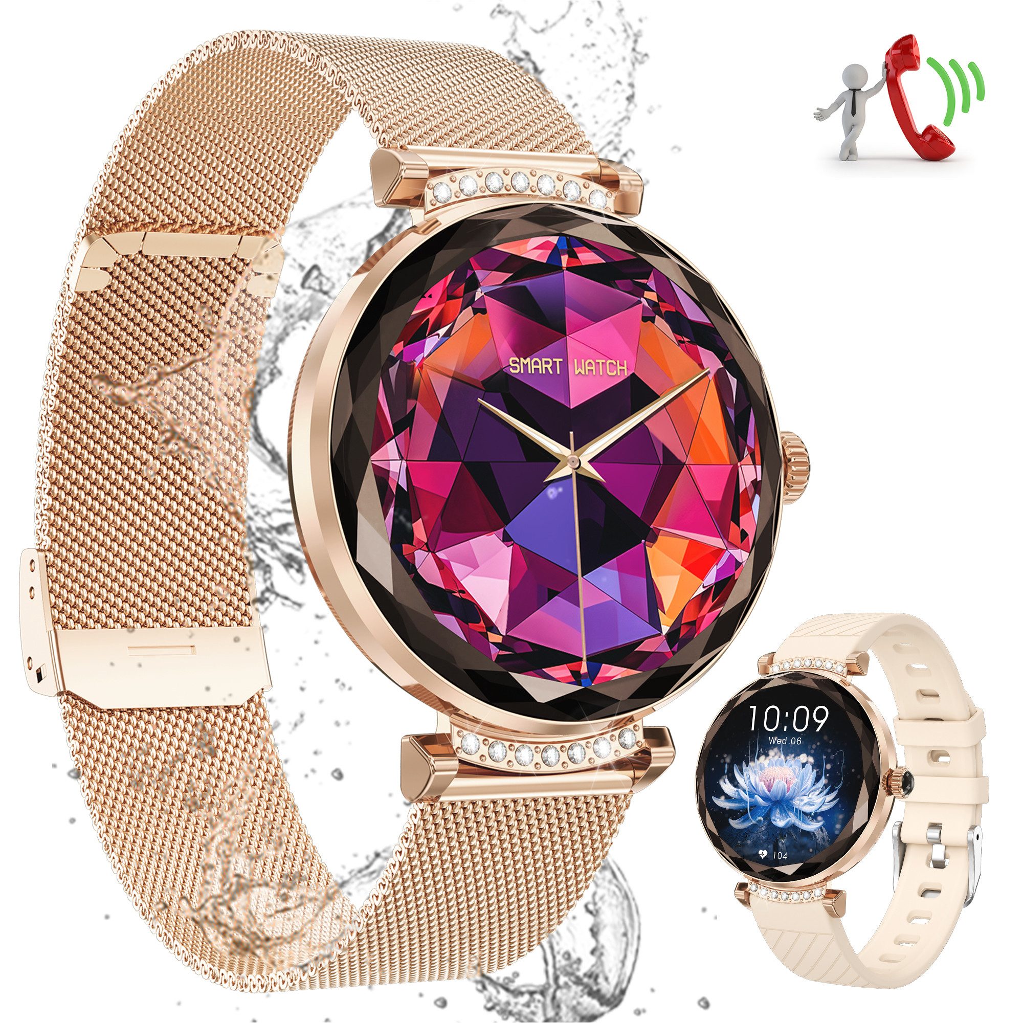 walkbee Smartwatch, Fitness Tracker Uhr für Damen mit Anruffunktion Smartwatch (1,19" extra HD AMOLED-Full-Touch-Farbbildschirm Zoll) Diamant Damen Stahl Smartwatch,390 * 390 High-Definition-Auflösung, IP68 Wasserdicht Fitness Tracker Smartwatch,2 Austauschbare Armbänder, mit Frauengesundheit,Blutdruckmessung,Herzfrequenz,Schlafqualität