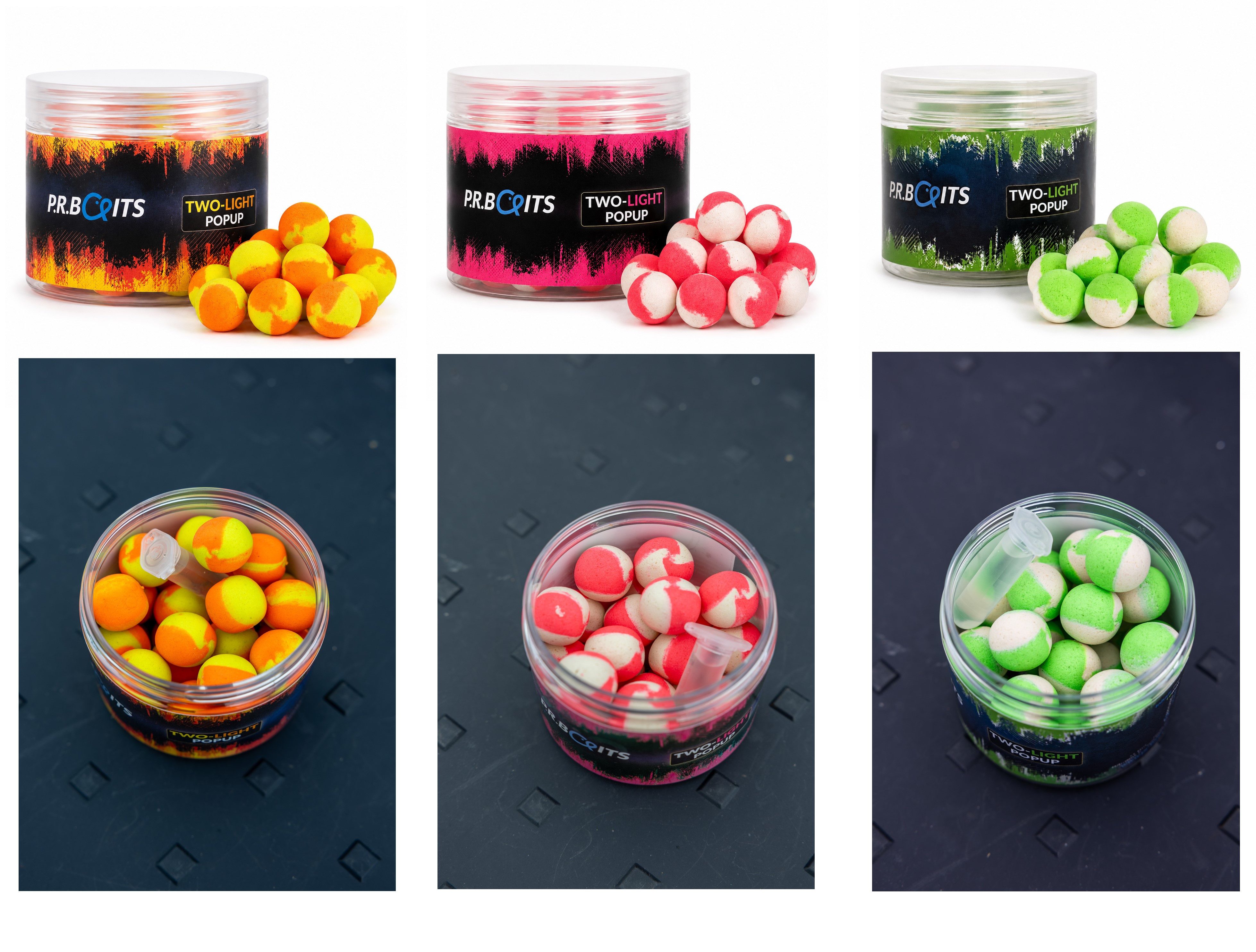 P.R. Baits Kunstköder Two-Light Pop Ups 16mm - Yellow/Orange - Pink/White - Green/White, (1 Dose oder 3 Dosen als SET), maximale Sichtbarkeit unter Wasser