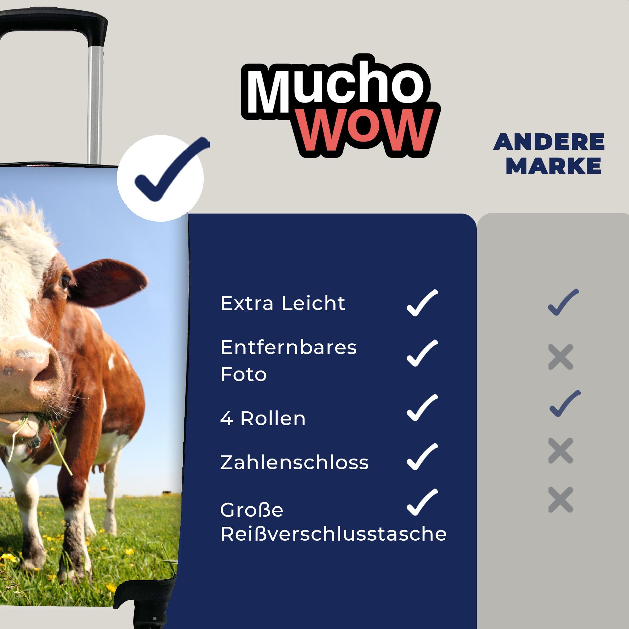 MuchoWow Handgepäckkoffer Kuh Trolley, - - Handgepäck für mit Reisetasche Gras, 4 - rollen, Tiere Reisekoffer Rollen, Ferien, Blumen