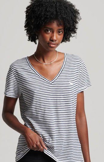 Navy VEE SLUB TEE STUDIOS Stripe V-Shirt EMB Superdry Optic