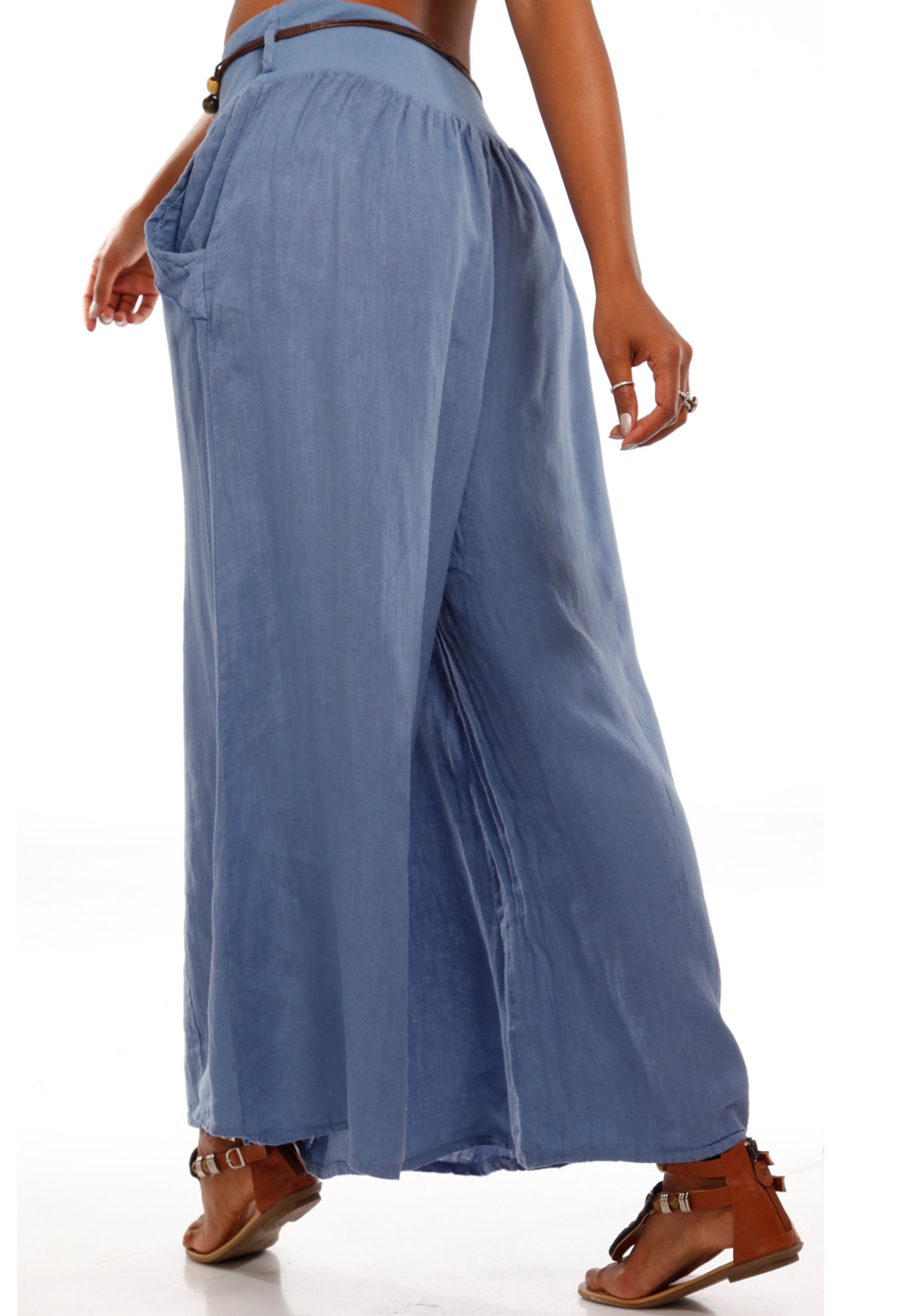 & elastischem Hosenrock Fashion Bund Leinenhose Bein Leinenhose (1-tlg) YC jeansblau Style weitem mit casual, mit