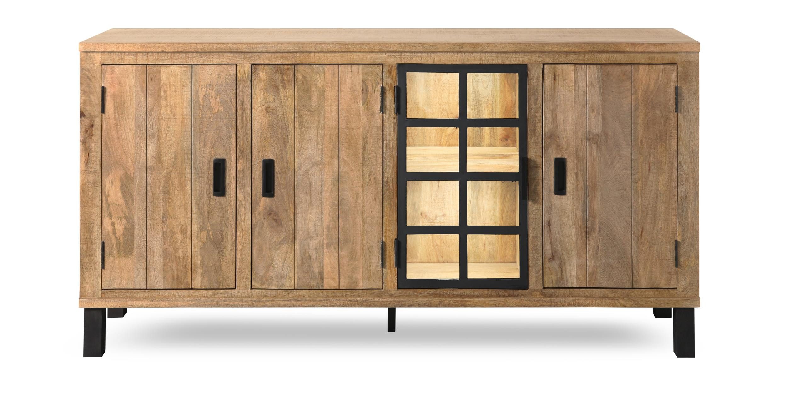 WOLF MÖBEL Sideboard (175 x 40 x 90), KALI Kommode mit 3 Holz-/ 1 Glastür und Licht