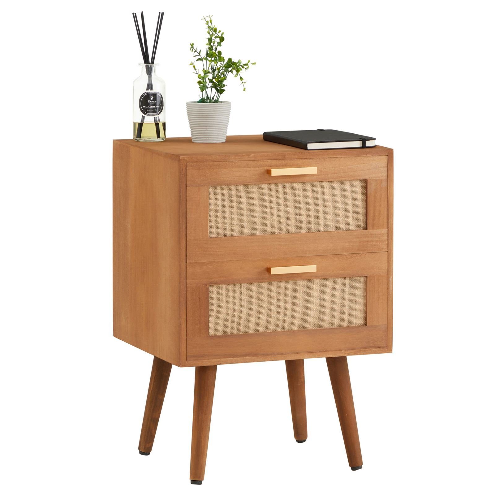 CARO-Möbel Nachtkommode WAMAN, Nachttisch Nachtkommode 2 Schubladen aus Holz und Jute Geflecht Boho