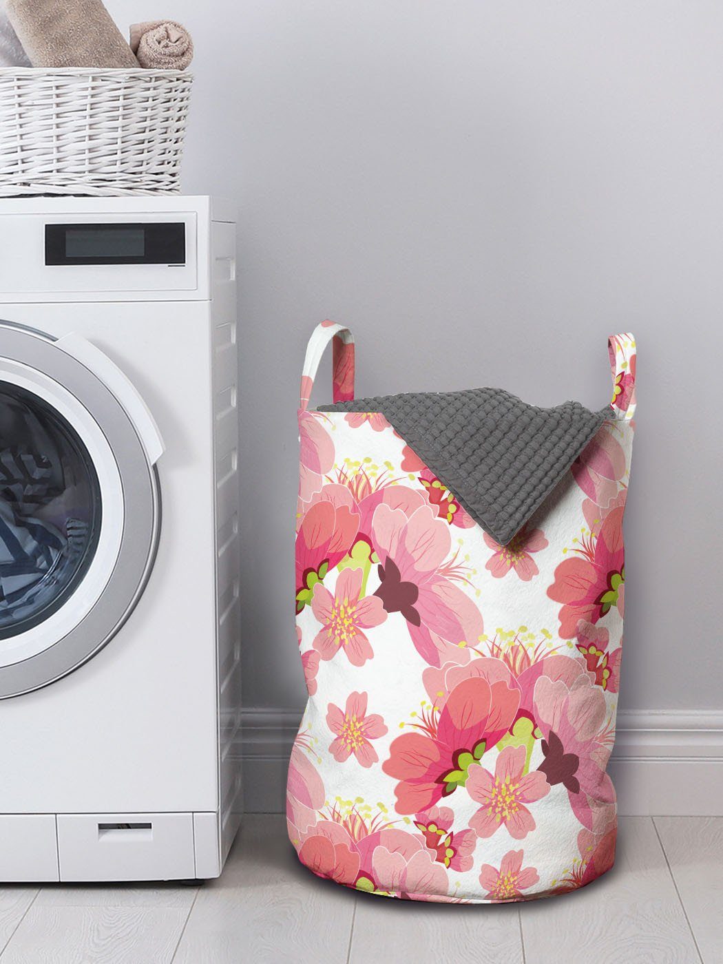 Wäschesäckchen Waschsalons, Blumen Kirschblüten-Knospen-Muster mit Kordelzugverschluss Abakuhaus Griffen für Wäschekorb