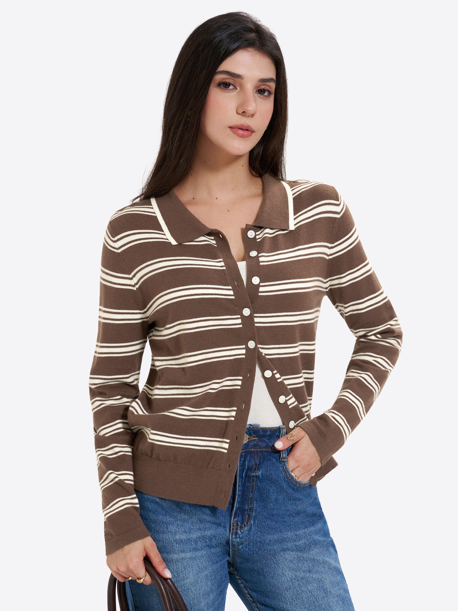 Imily Bela Strickjacke Damen Gestreifter Strickcardigan (Packung, 1-tlg., 1per-Pack) mit Polokragen