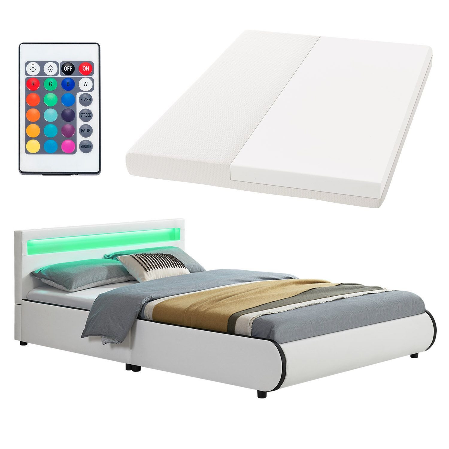 Juskys Polsterbett Sevilla, 140x200 cm, RGB-LED, Kunstleder, weiches Kopfte günstig online kaufen