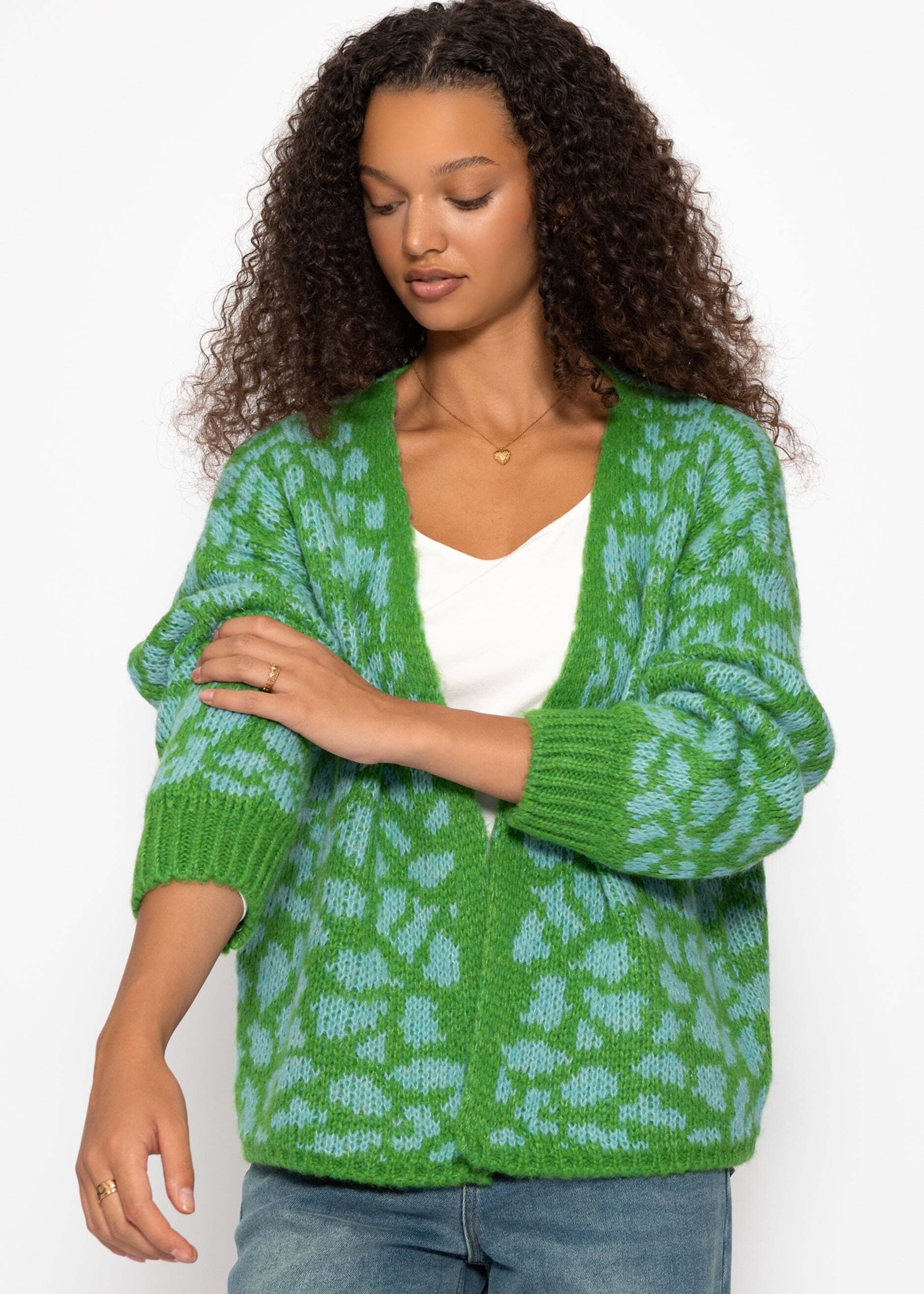 SASSYCLASSY Cardigan Cardigan Damen aus Grobstrick mit Lepardenmuster Overs günstig online kaufen