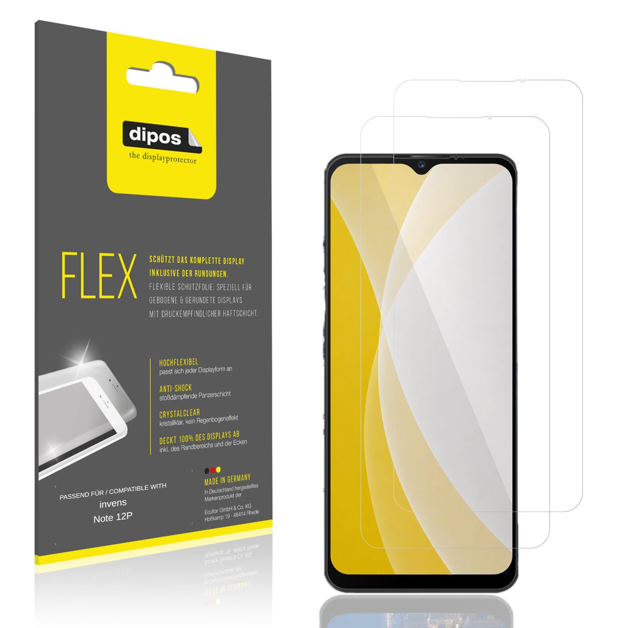 dipos Displayschutzfolie Schutzfolie für invens Note 12P, 2 Stück, Displayschutz Schutz Folie Made in Germany