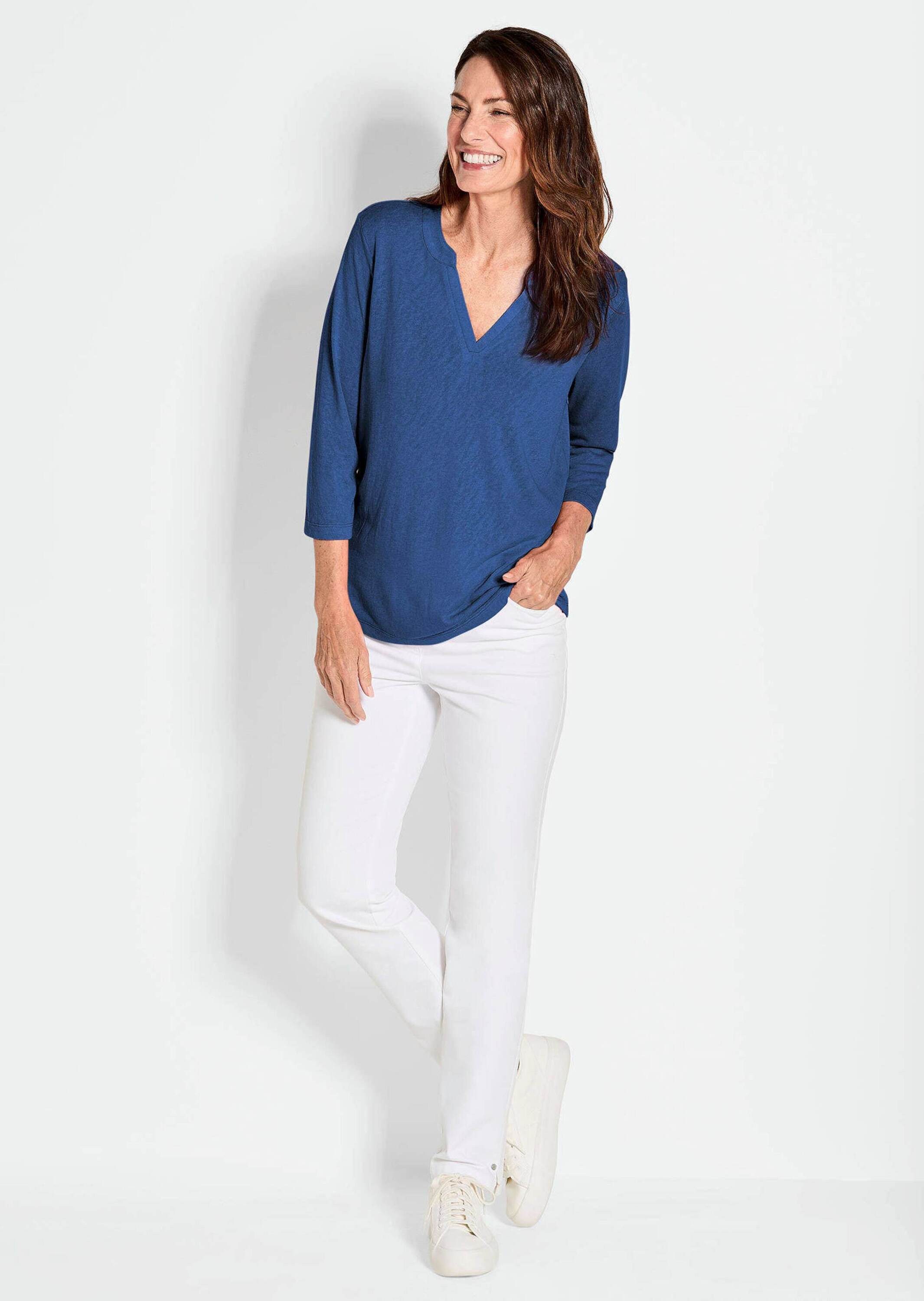 GOLDNER T-Shirt Kurzgröße: Modisches 3/4-Arm-Oberteil Sommerbluse mit V-Aus günstig online kaufen