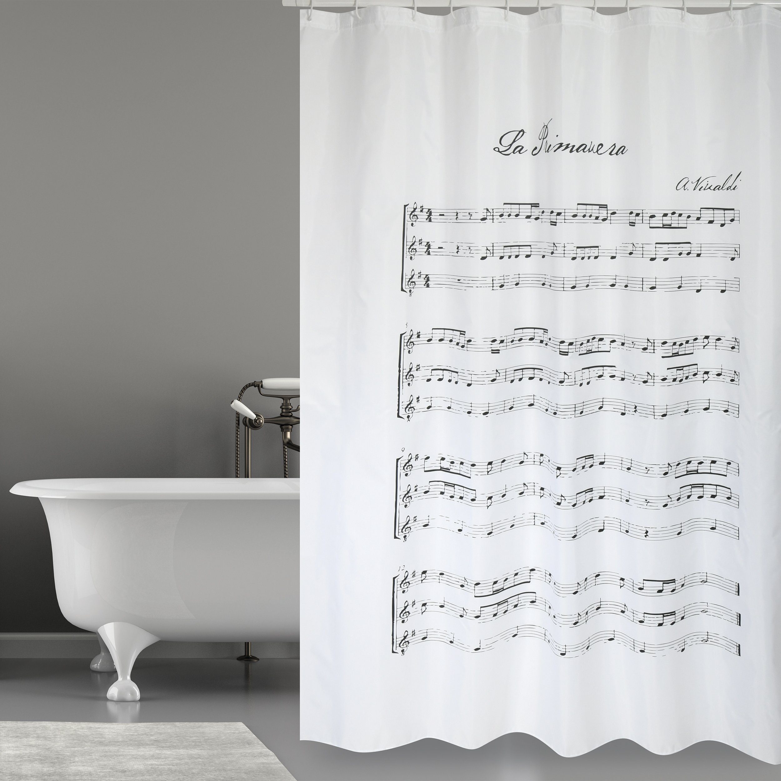 MSV Duschvorhang VIVALDI Breite 180 cm, Premium Anti-Schimmel Textil-Duschvorhang, Polyester, 180x200 cm, waschbar, weiß, Motiv "Vivaldi"