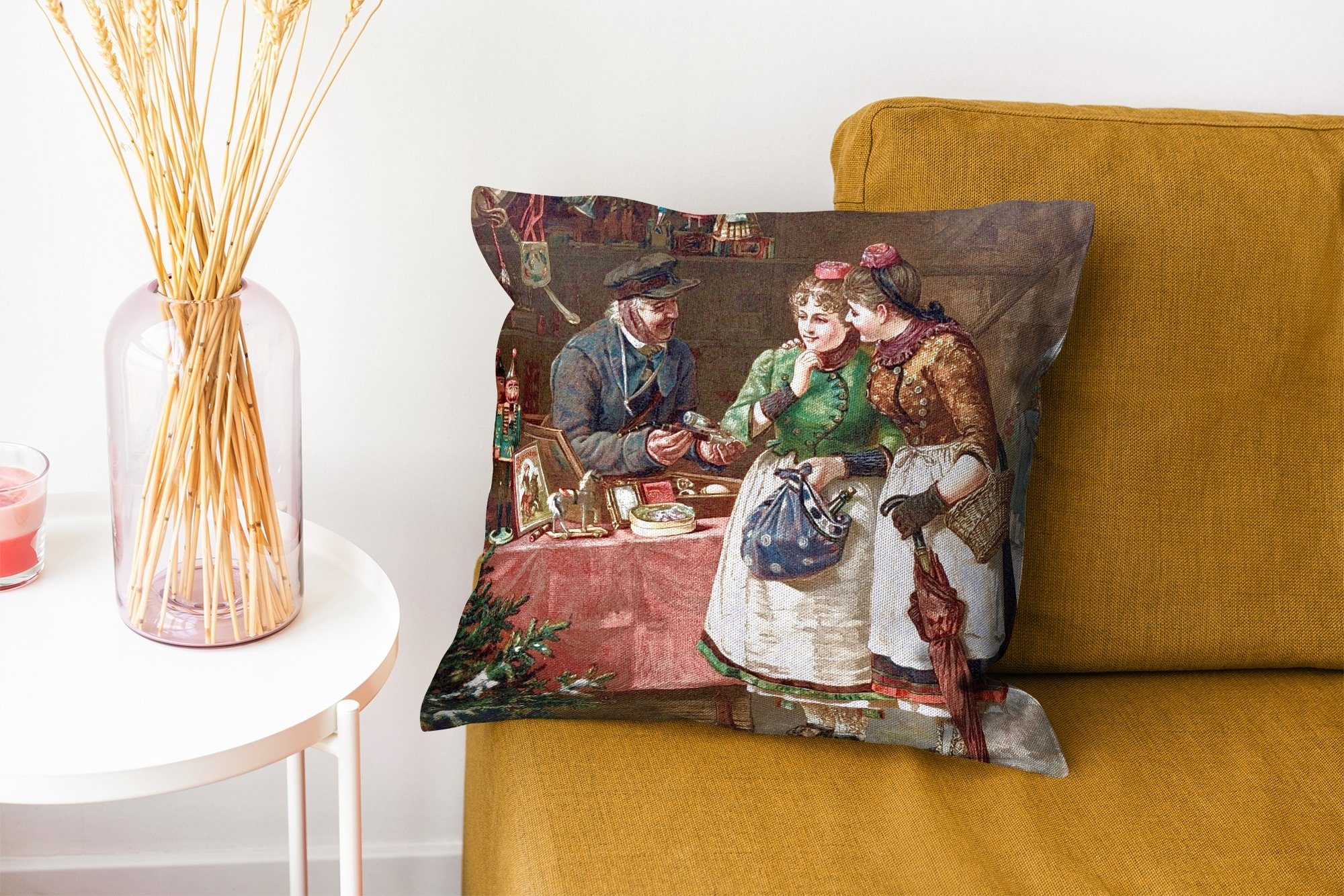 Füllung für Deko, Sofakissen Vintage, Schlafzimmer, - Zierkissen Porträt Weihnachtsmarkt MuchoWow Wohzimmer, mit - Dekokissen Weihnachten