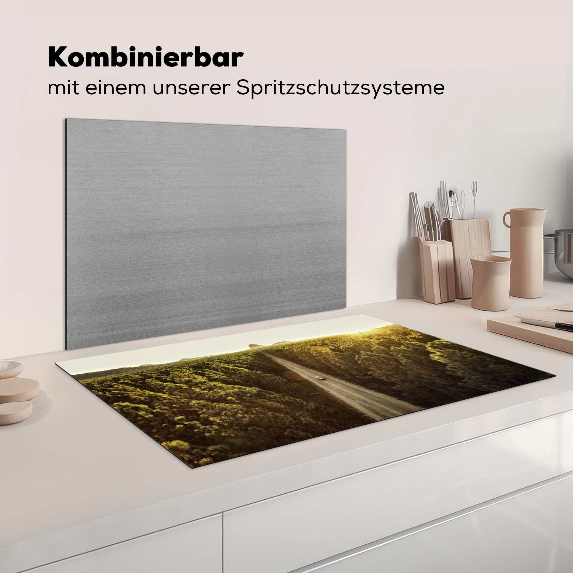 - Ceranfeldabdeckung, für - tlg), - Straße cm, Herdblende-/Abdeckplatte Wald Arbeitsplatte Sand (1 küche Sonne, MuchoWow Vinyl, 83x51