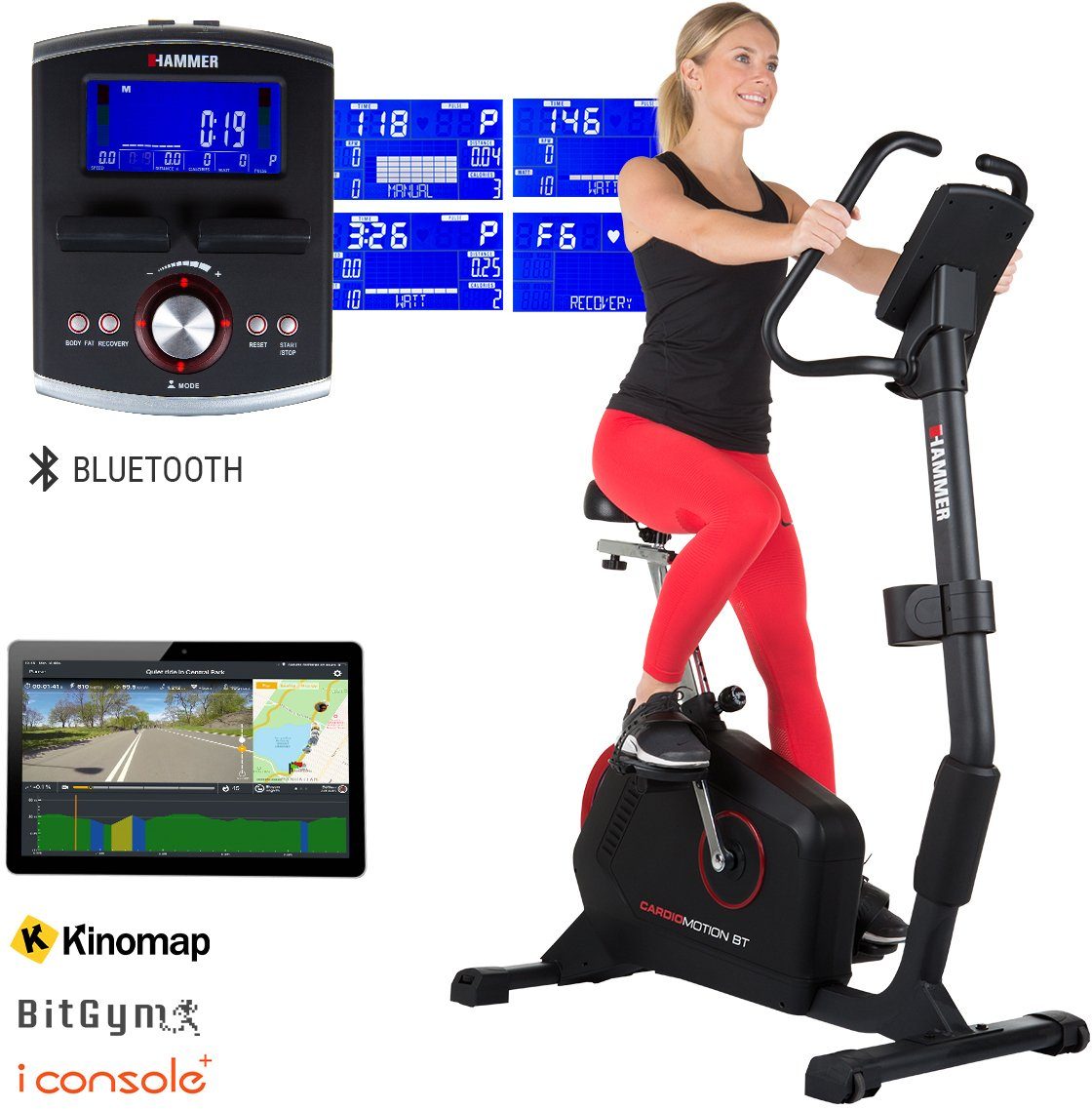 Hammer Ergometer Cardio Motion BT (mit Tablet-Halterung), 130 kg max. Benutzergewicht, Fahrrad, 16 Widerstandsstufen