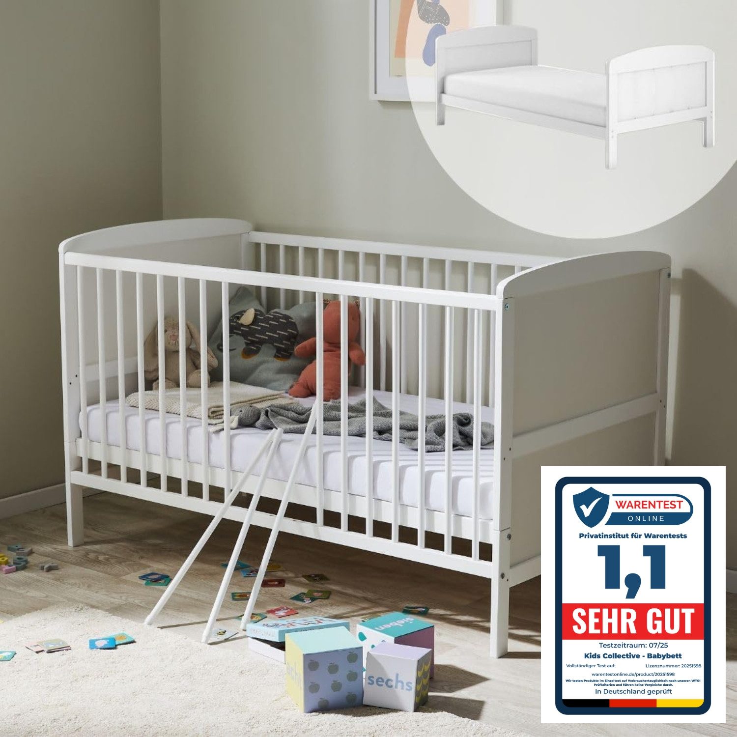 Kids Collective Babybett Kinderbett 70x140 cm umbaubares Gitterbett höhenverstellbar, herausnehmbare Sprossen optional mit Matratze, weiss Vollholz Kiefer