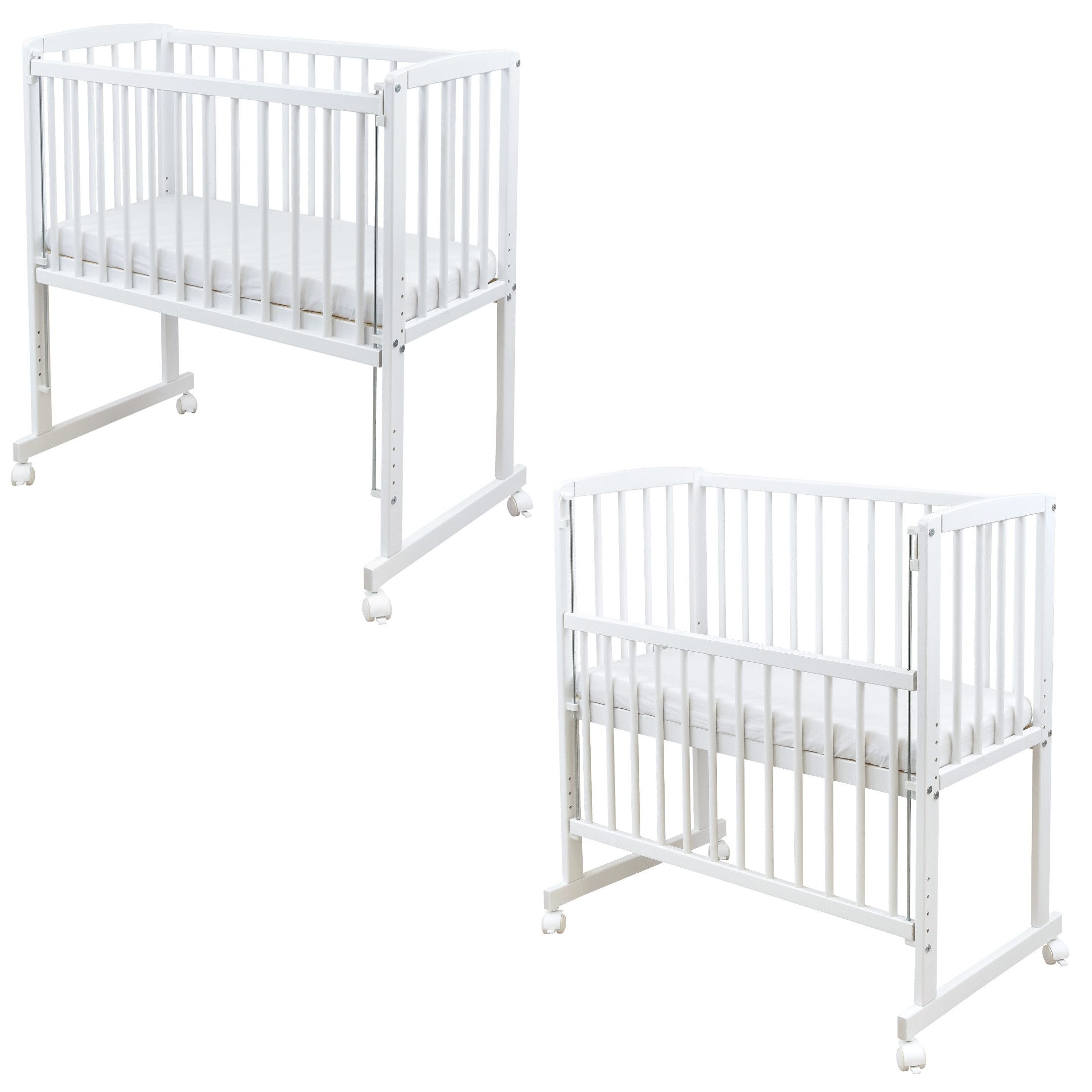 Baby-Delux Beistellbett Beistellbett, Babybett Stubenbett 90x40 weiß Kiefer mit Rollen Matratze