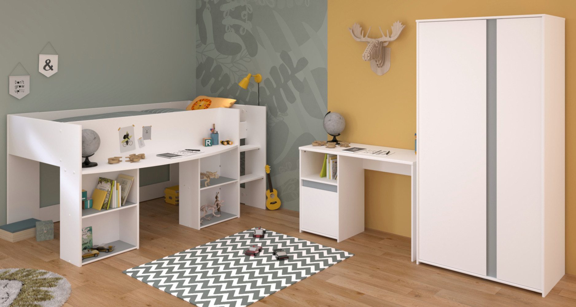 Parisot Jugendzimmer-Set Pirouette, (Komplett-Set mit Hochbett, Schreibtisch und Kleiderschrank), kein extra Lattenrost erforderlich