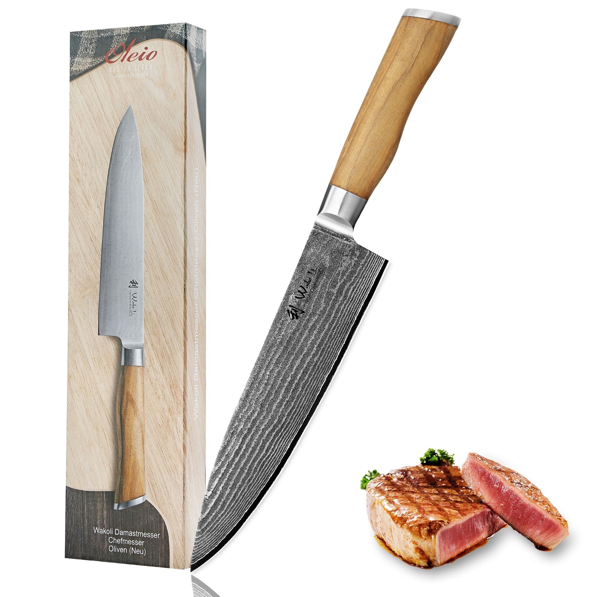 Wakoli Kochmesser Wakoli Damast Chefmesser Klingenlänge 20,00 cm mit Olivenholzgriff