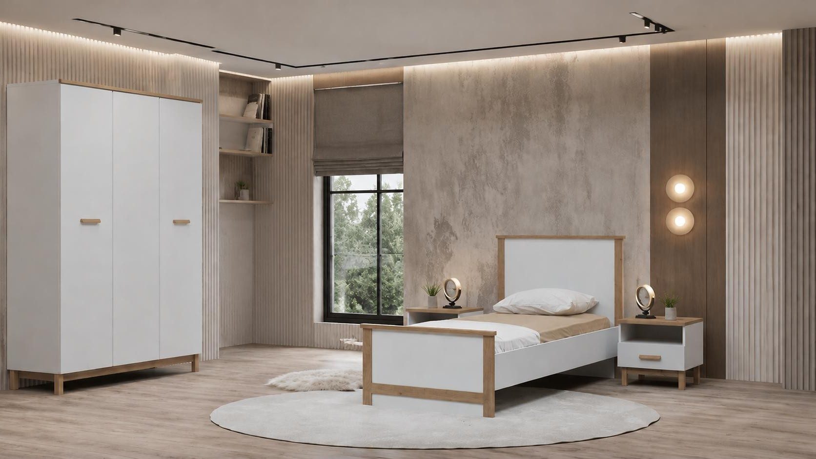 Xlmoebel Kleiderschrank Stilvolles weißes Jugendzimmer Bett Kleiderschrank Nachttische modern (Jugendzimmer-Set, 4-St., 4-tlg)