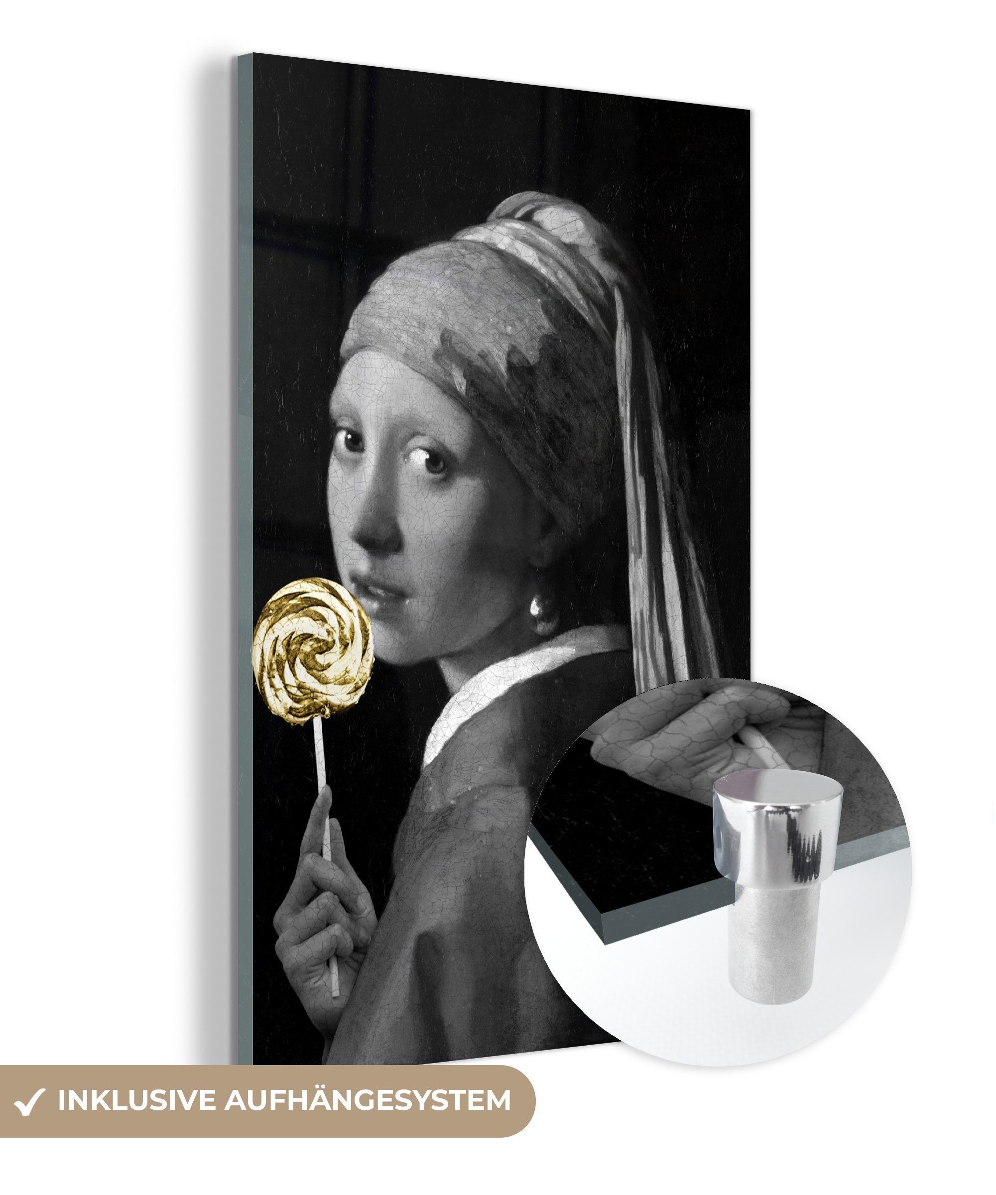 MuchoWow Acrylglasbild Mädchen mit einem Perlenohrring - Johannes Vermeer - Lollipop - Gold, (1 St), Glasbilder - Bilder auf Glas Wandbild - Foto auf Glas - Wanddekoration bunt