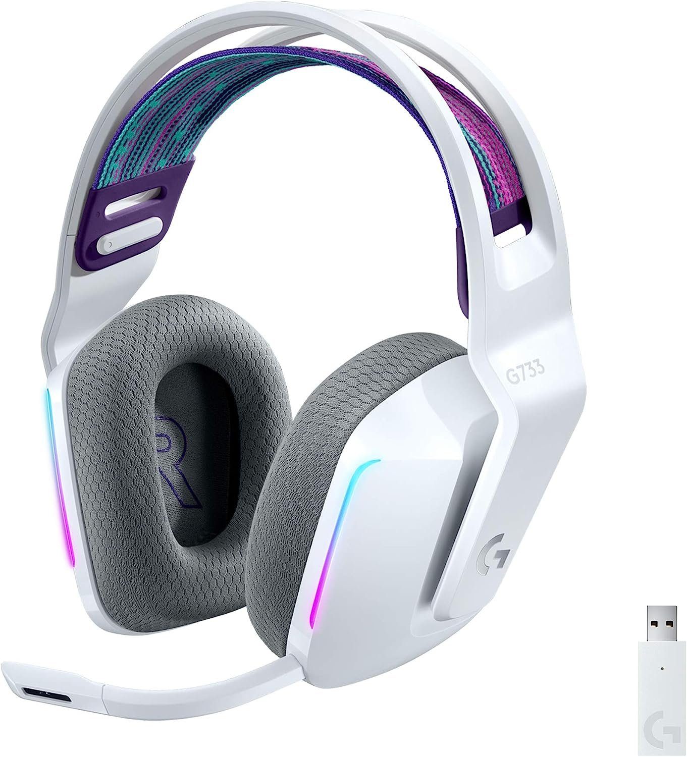 Logitech G G733 LIGHTSPEED kabelloses abnehmbar, RGB beleuchtet) Reichweite, Gaming-Headset Weiß (Ultraleicht, 20m Wireless Mikrofon