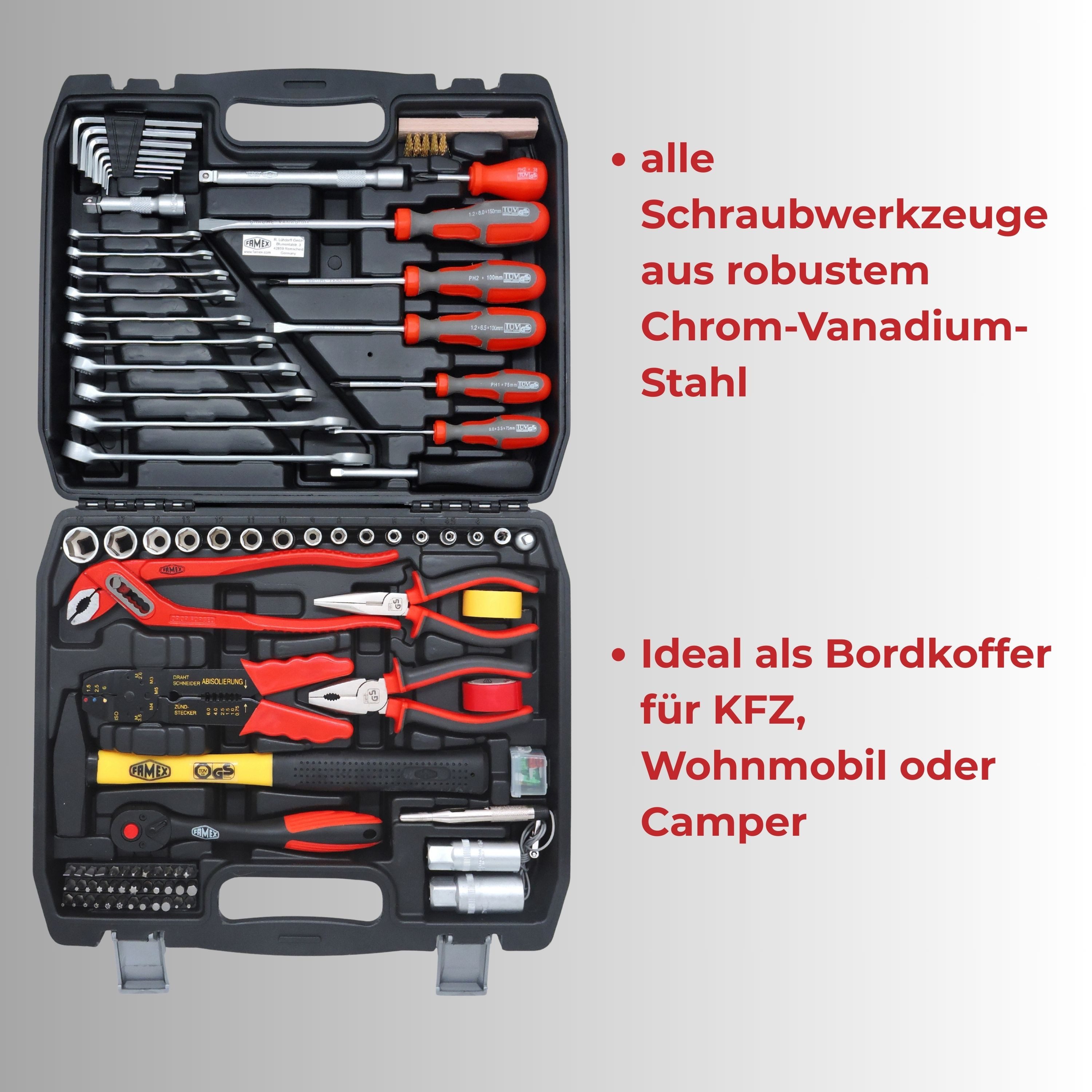 FAMEX Werkzeugset 144-50 Werkzeugkoffer bestückt, (Werkzeugkasten, 89-tlg., Werkzeugkiste), Werkzeug Satz, CV Stahl, Auto