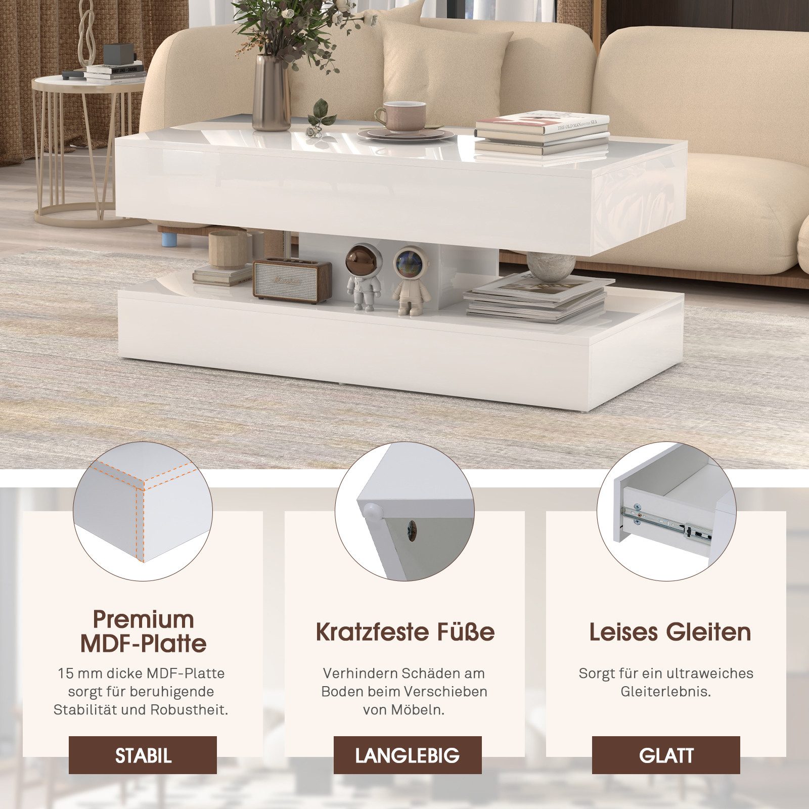 Sunsitt Couchtisch Couchtisch im Hochglanz Moderner Kaffeetisch mit 2 Schuhbladen (Wohnzimmertisch in 100 x50x45cm), Sofatisch für Wohnzimmer, Schlafzimmer, Büro, Weiß