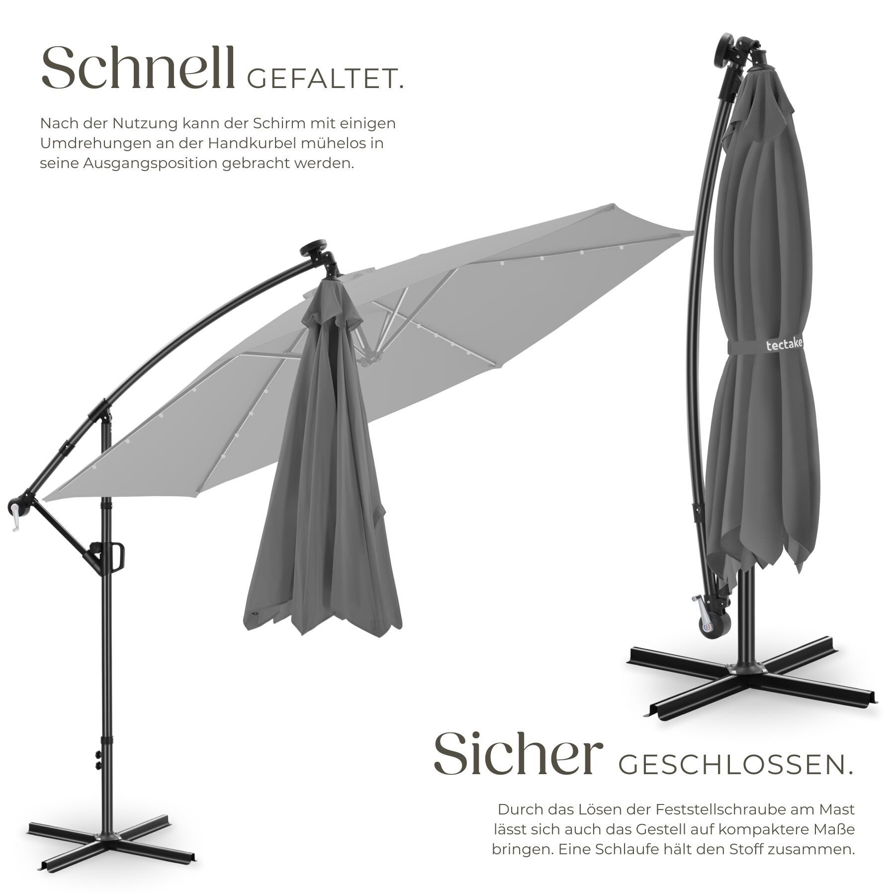 tectake Ampelschirm Sonnenschirm mit Doppeldach und LED Solar-Beleuchtung, 3,5 x 3,5 m, Balkonschirm Artemis, für Außen in Grau, 360° drehbar, wasserabweisend, neigbar, Kurbel, inkl. Schutzhülle