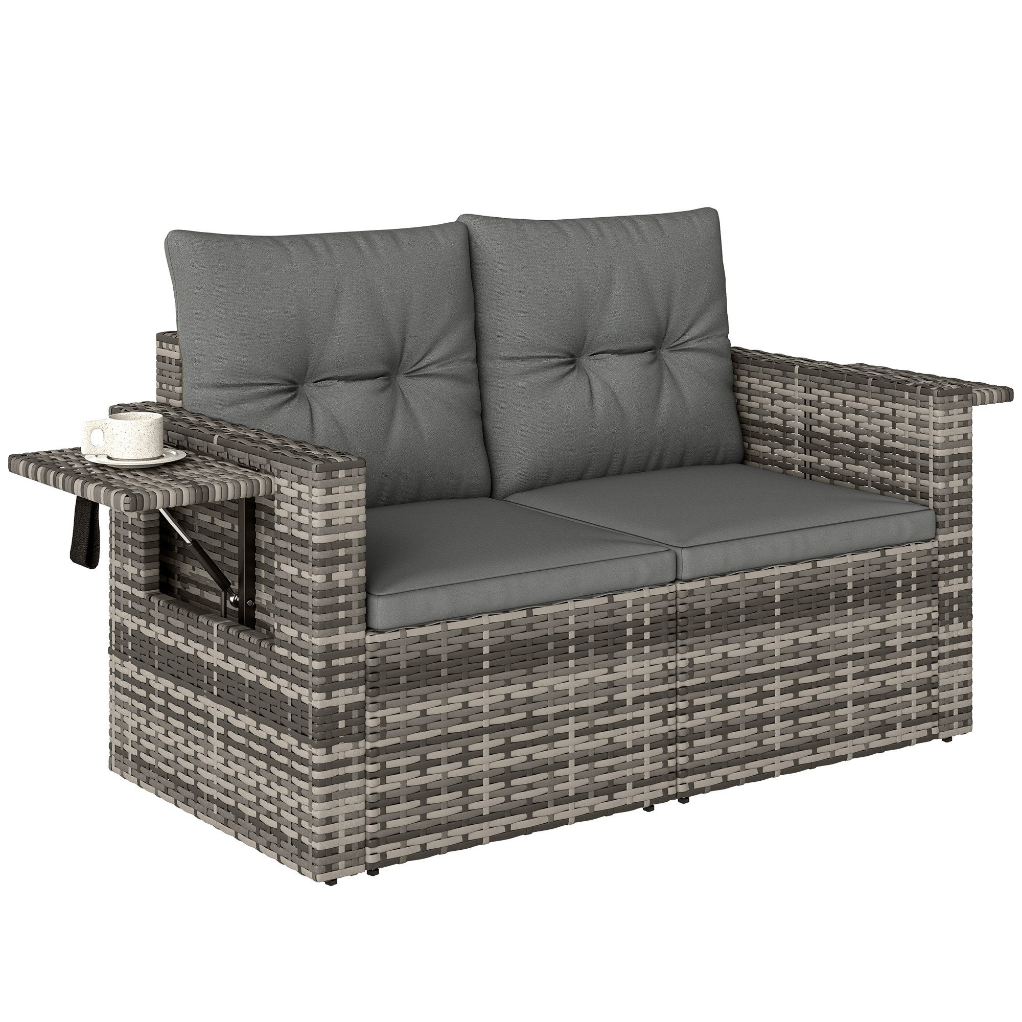 Outsunny Gartensofa mit Kissen, Klappbar Seitentabletts, Loungesofa 1 Teile, für Garten Terrasse Balkon, Poly Rattan Hellgrau