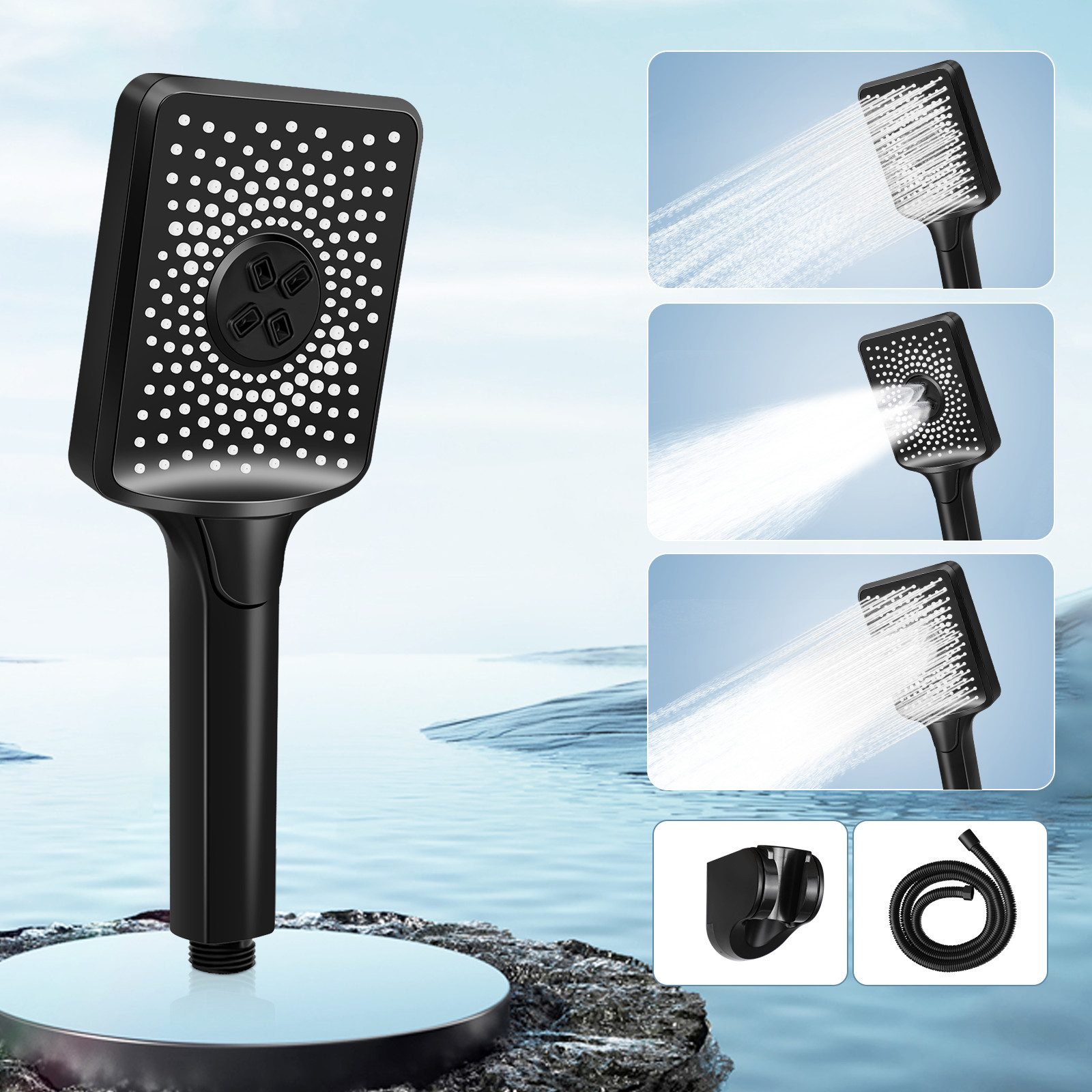 Handbrause mit 1,5M Schlauch Schwarz/Nickel Quradratische wassersparend Bad