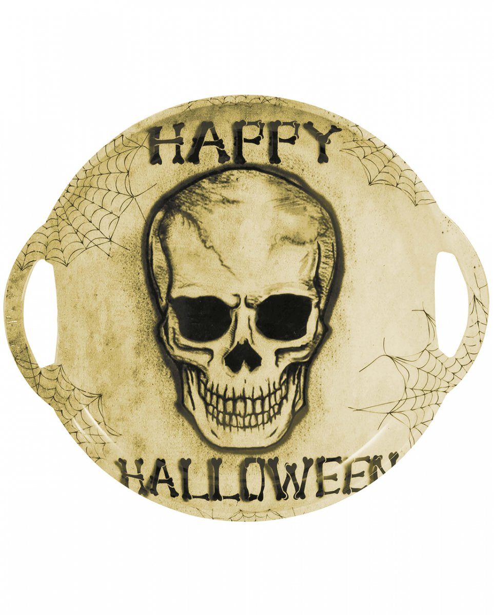 Horror-Shop Dekofigur Halloween Totenkopf Tablett mit Griffen 30cm