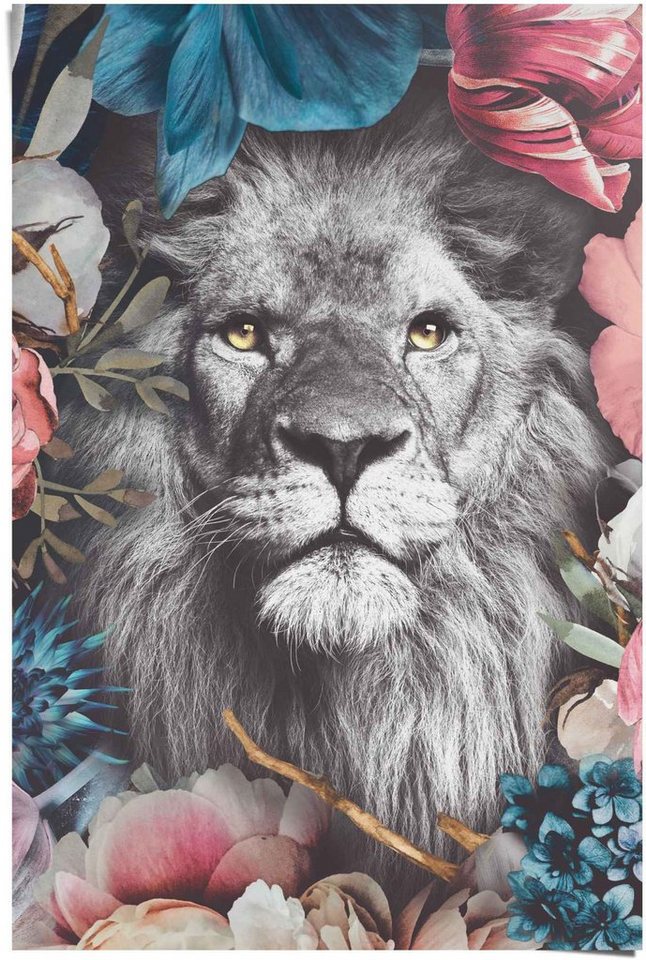 Reinders! Poster Löwe Blumenkranz - Pflanzen - Farbenfroh, (1 St), Poster  wird gerollt und sicher verpackt an Sie versendet