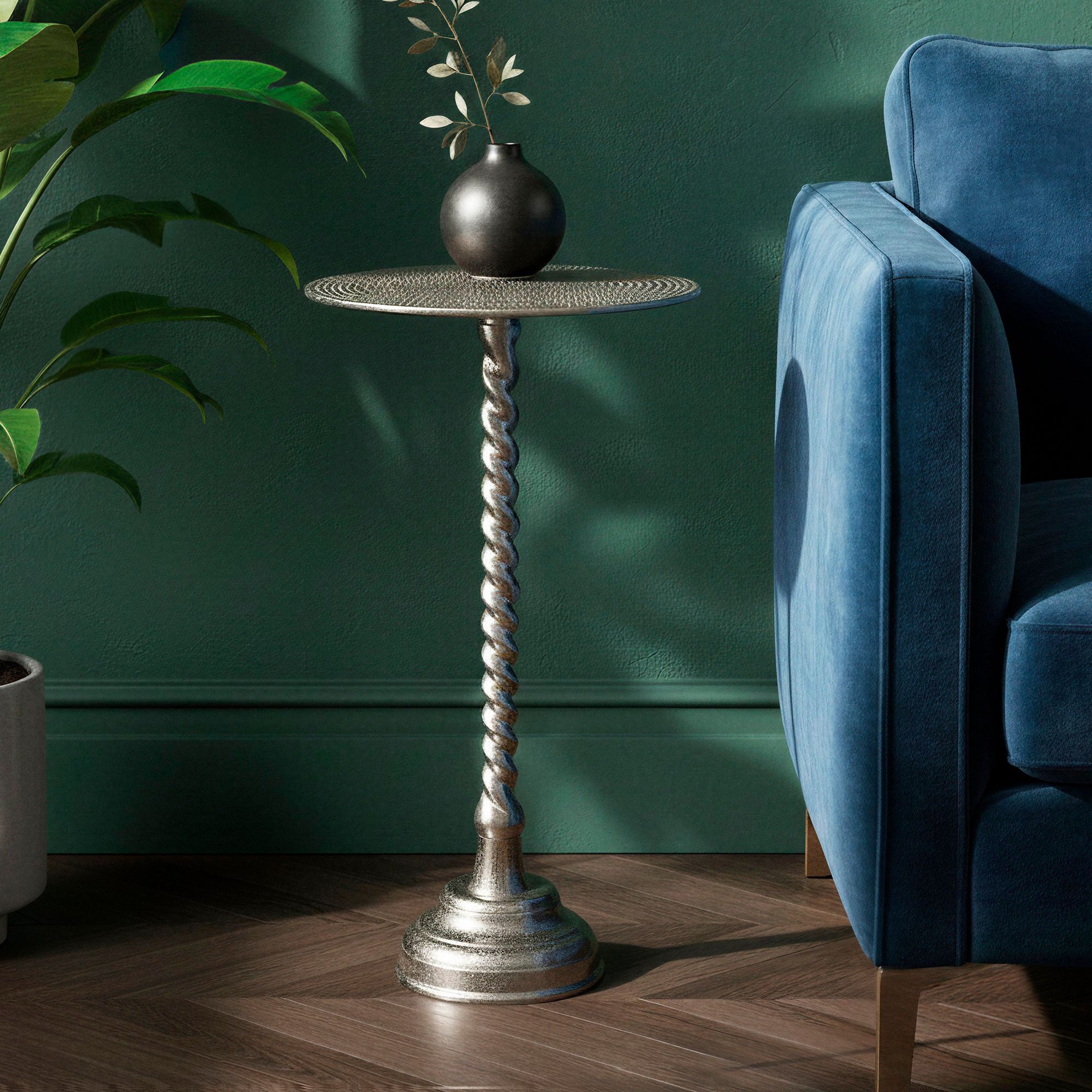 FINEBUY Beistelltisch FB113125 Beistelltisch Anstelltisch Metall Wohnzimmertisch Dekotisch (Stilvolle Ablage für moderne Wohnräume), Elegantes Möbelstück mit gedrehter Säule