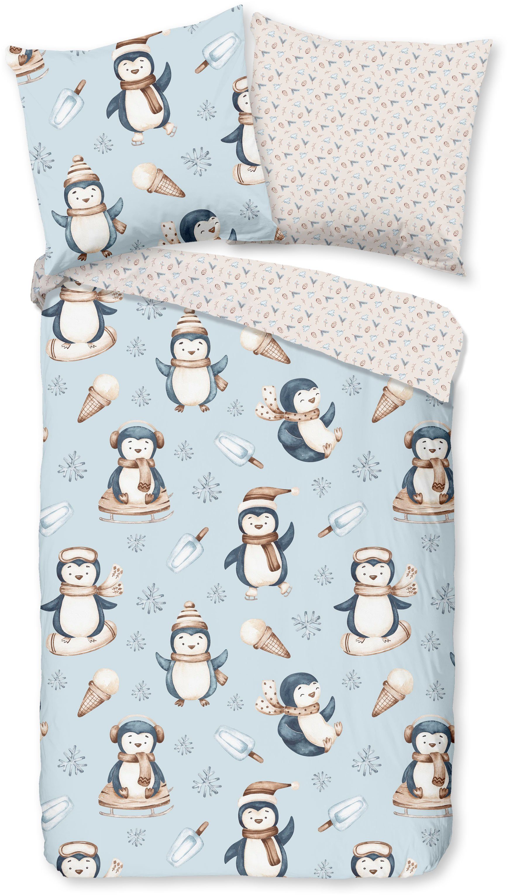 good morning Kinderbettwäsche Jani mit Pinguinen, Biber, Flanell, 2 teilig, Biber, 135x200, Warm, Weich, Wende, Reißverschluss, Kind, Winter, Blau