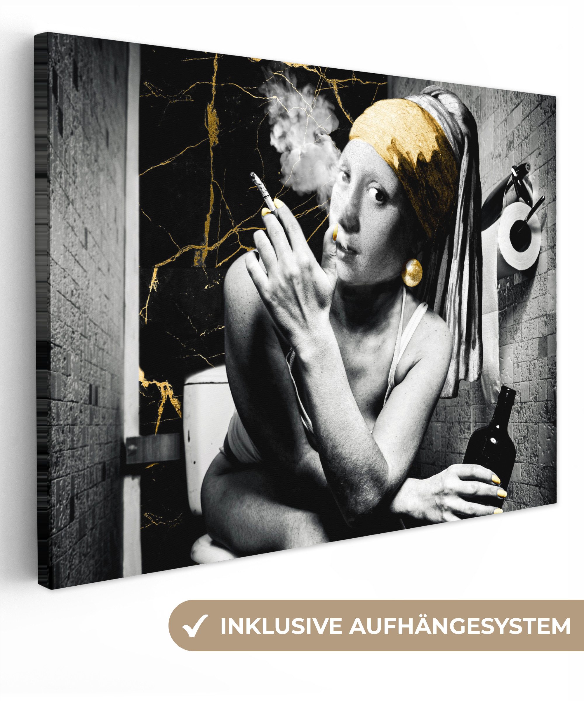 OneMillionCanvasses® Leinwandbild Marmoroptik - Mädchen mit Perlenohrring - Zigaretten - Toilette - Gold, Fotodruck (1 St), Wandbild Leinwandbilder, Aufhängefertig, Wanddeko 40x30 cm