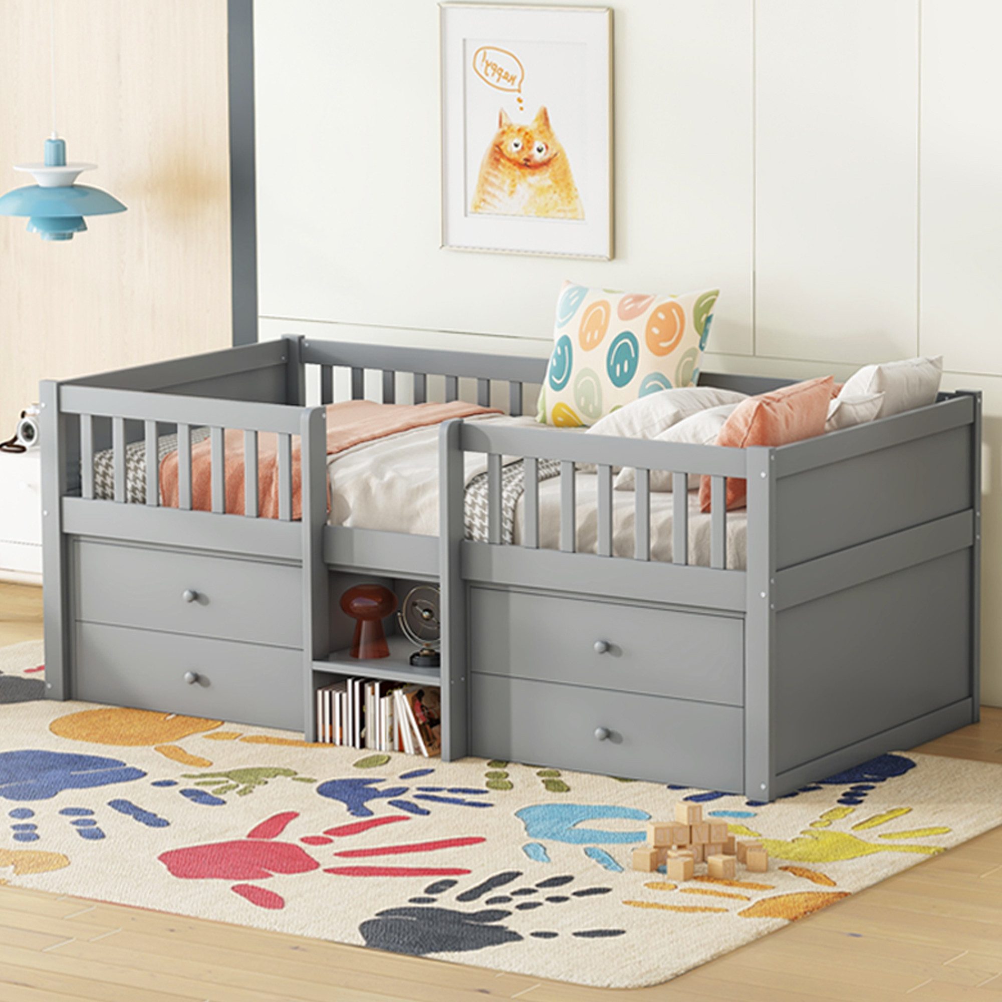 Flieks Hochbett Halbhohes Bett Kinderbett 90x200cm mit 4 Schubladen und Leiter