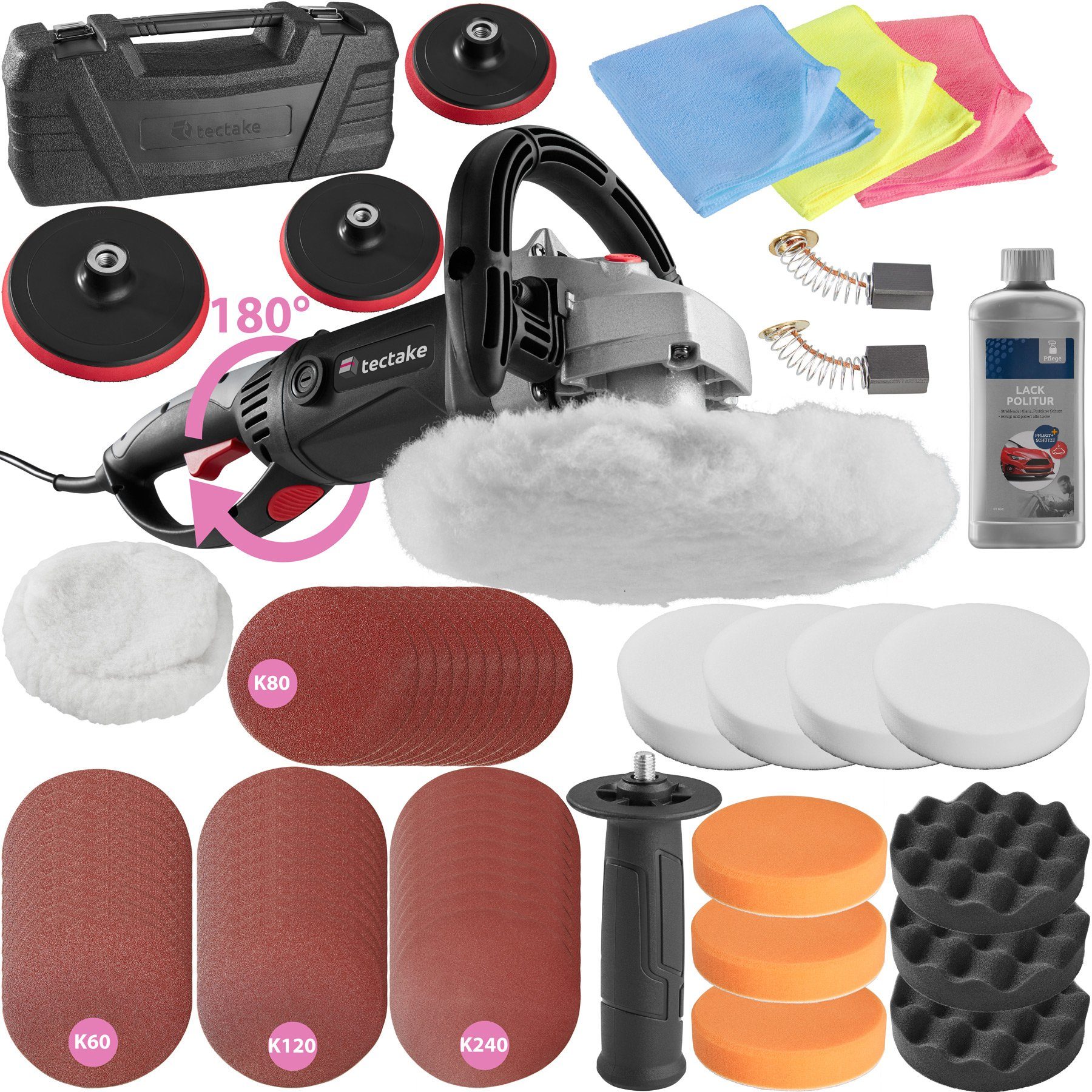 tectake Poliermaschine 60-teiliges Poliermaschinen-Set, 3200 max. U/min, Ø 15,00 mm, (61 tlg), 1500 W