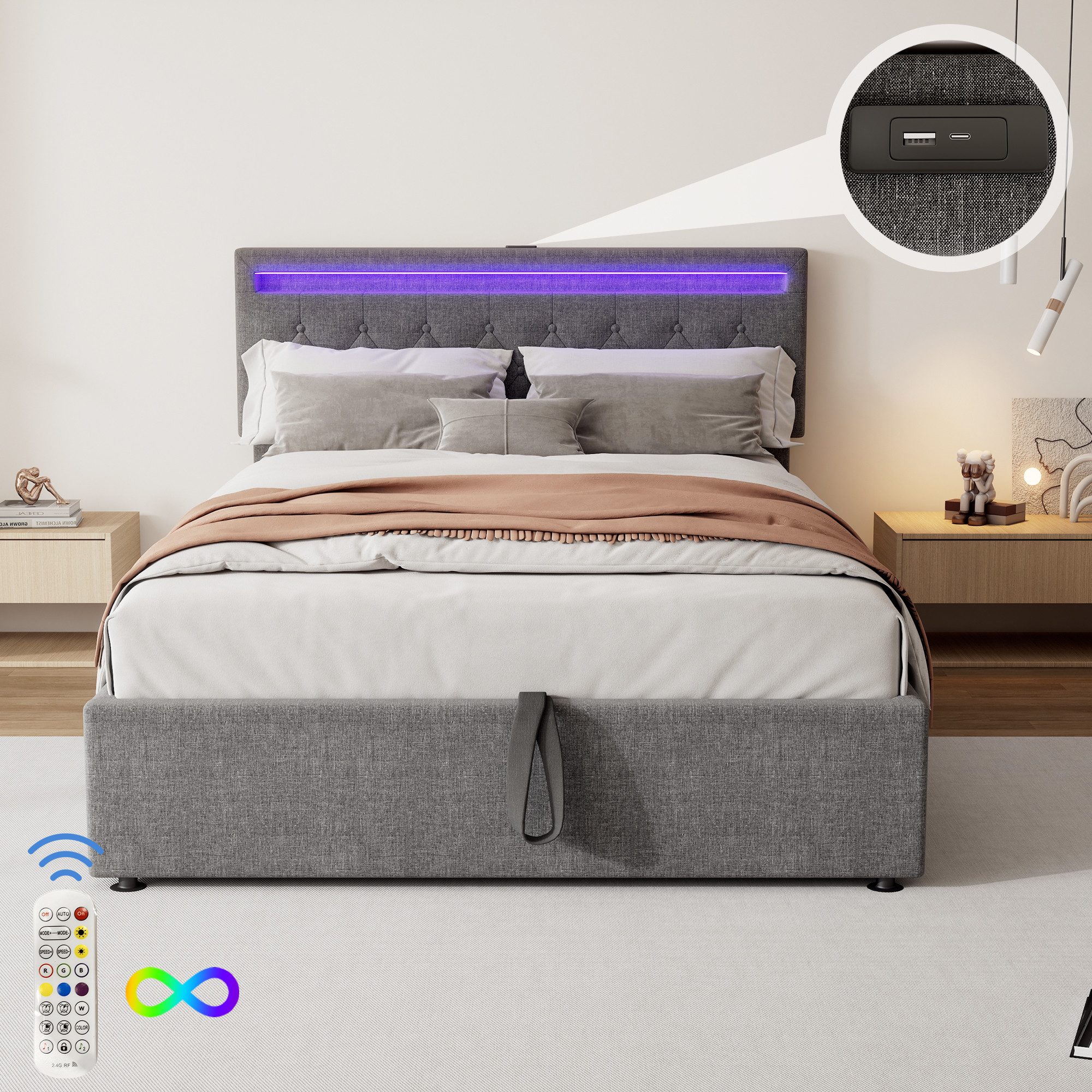 Flieks Polsterbett, LED Hydraulisches Doppelbett 140x200cm günstig online kaufen