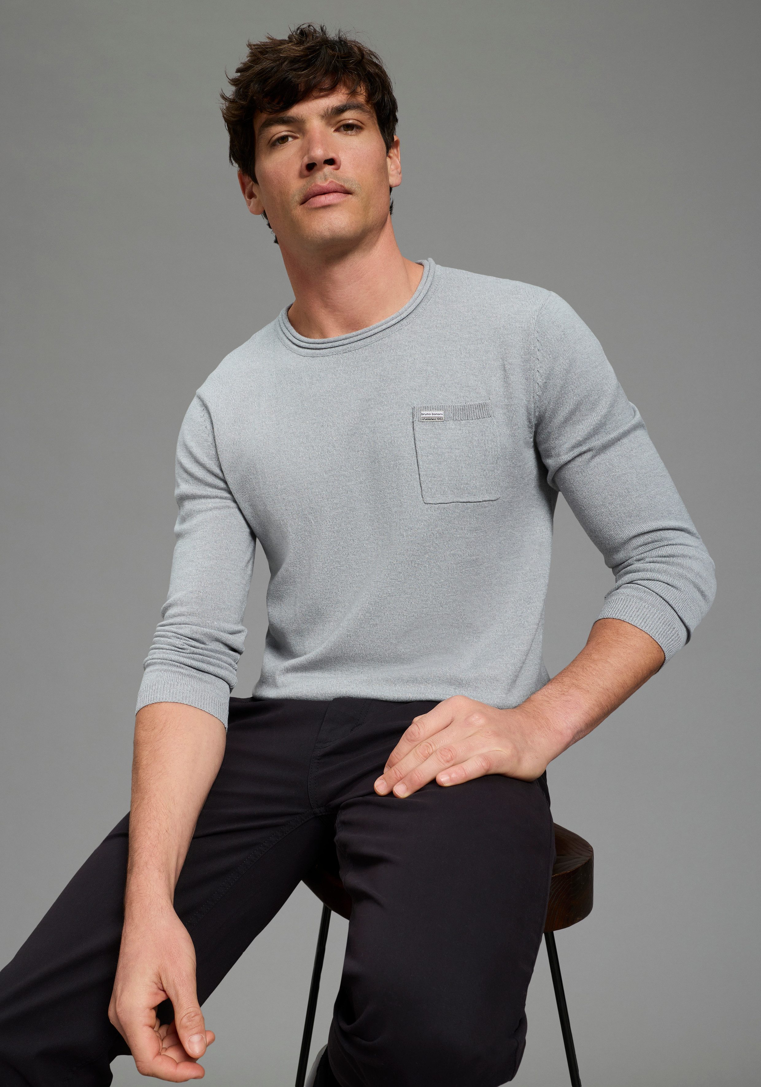 Bruno Banani Rundhalspullover aus Baumwolle, mit Rundhalsausschnitt, Langarm, melierte Optik
