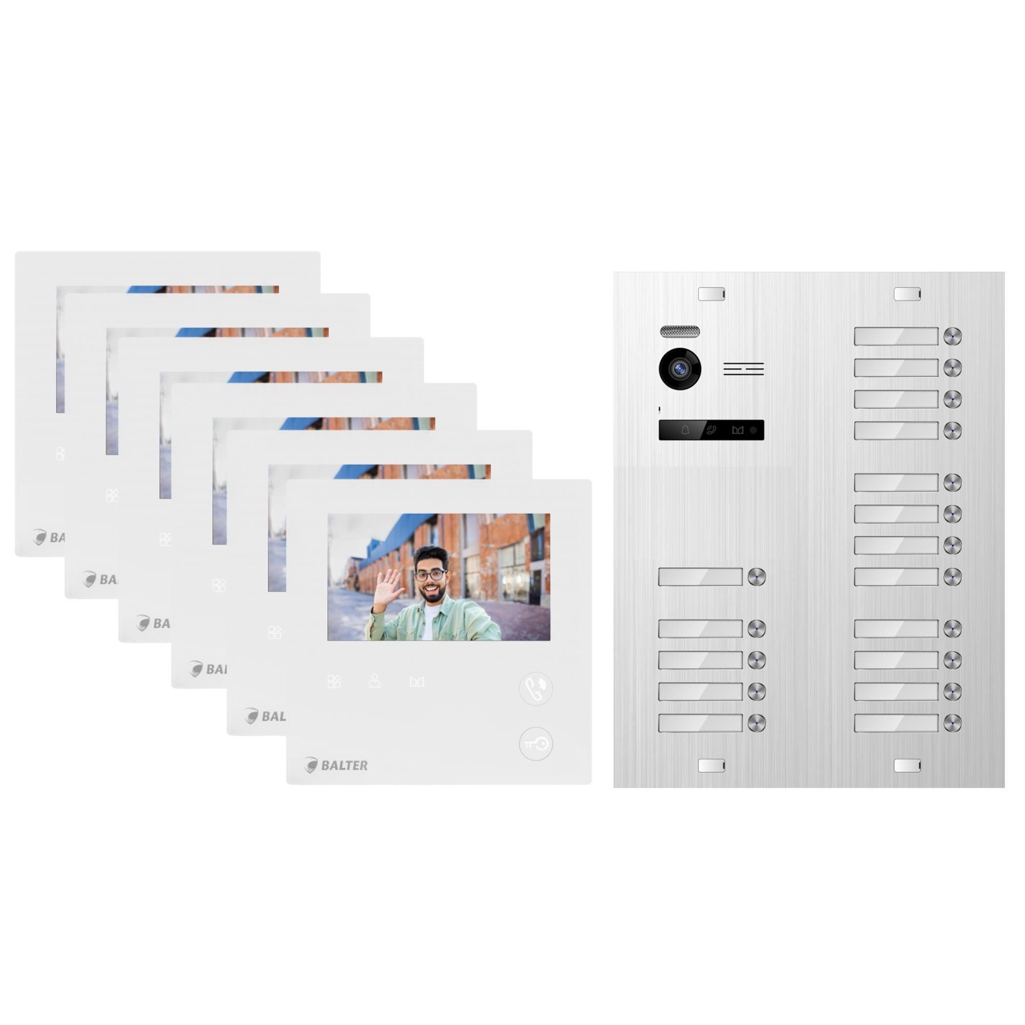 Balter Video-Türsprechanlage BALTER Türsprechanlage EVO MINI 2-Draht BUS 17-Familienhaus Silber (Set, 17-Familienhaus, Komplettset, Analog 150° Kamera, Farbdisplay-Monitor)