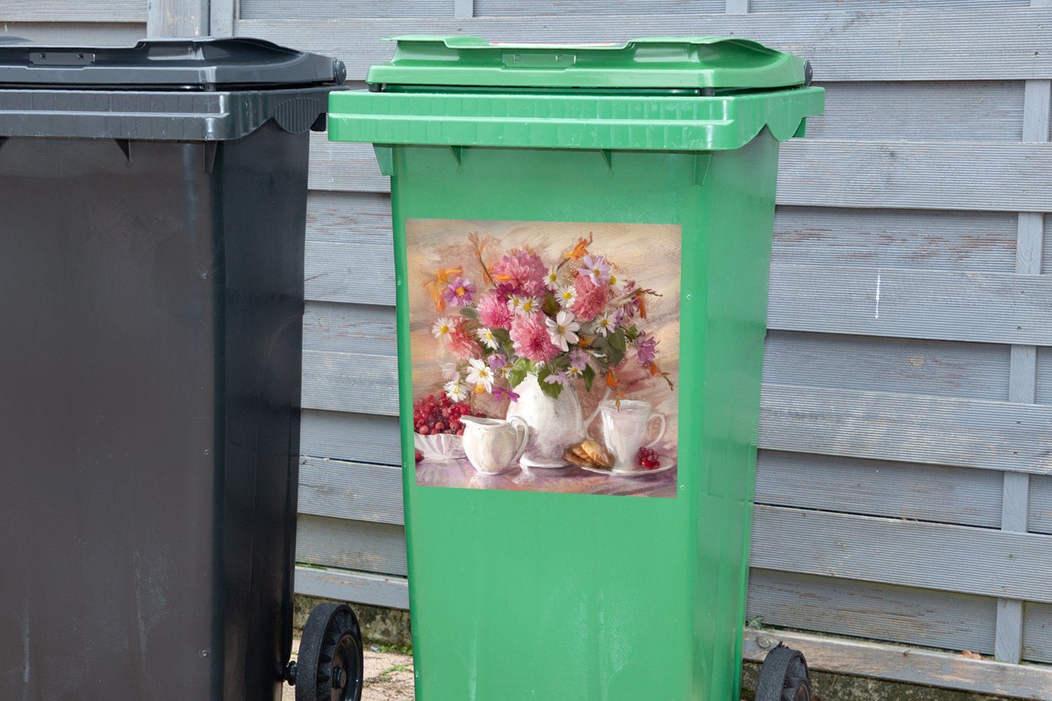 Blumen Mülleimer-aufkleber, - Sticker, (1 Wandsticker Vase MuchoWow Mülltonne, Gemälde - Container, Ölfarbe St), - Abfalbehälter