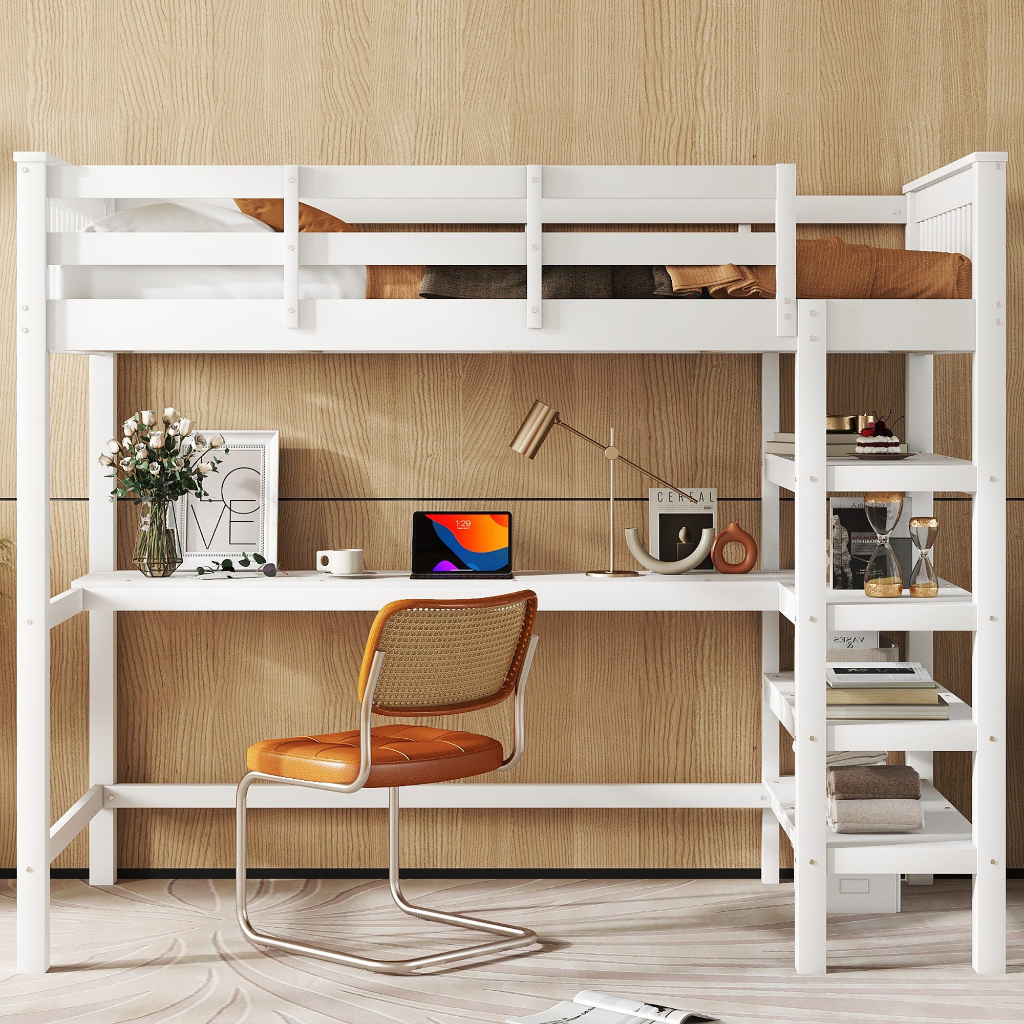 Merax Hochbett mit Schreibtisch und Bücherregal günstig online kaufen