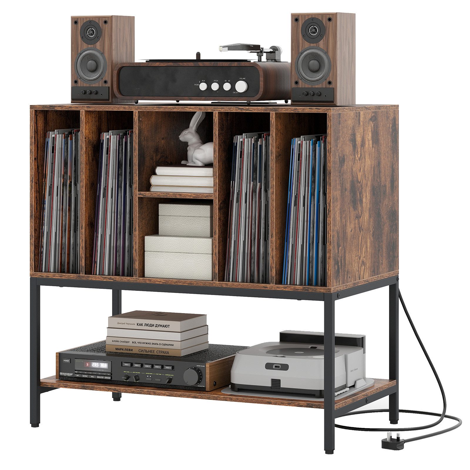 KOMFOTTEU Nachttisch, Plattenspielerständer mit Ladestation & offenes Regal günstig online kaufen