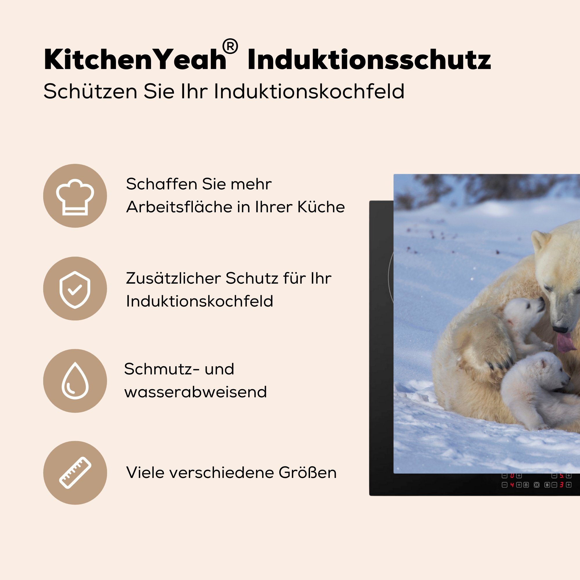 (1 Arbeitsplatte küche Ceranfeldabdeckung, 78x78 Schnee, cm, Baby Vinyl, - tlg), für MuchoWow - Herdblende-/Abdeckplatte Eisbär