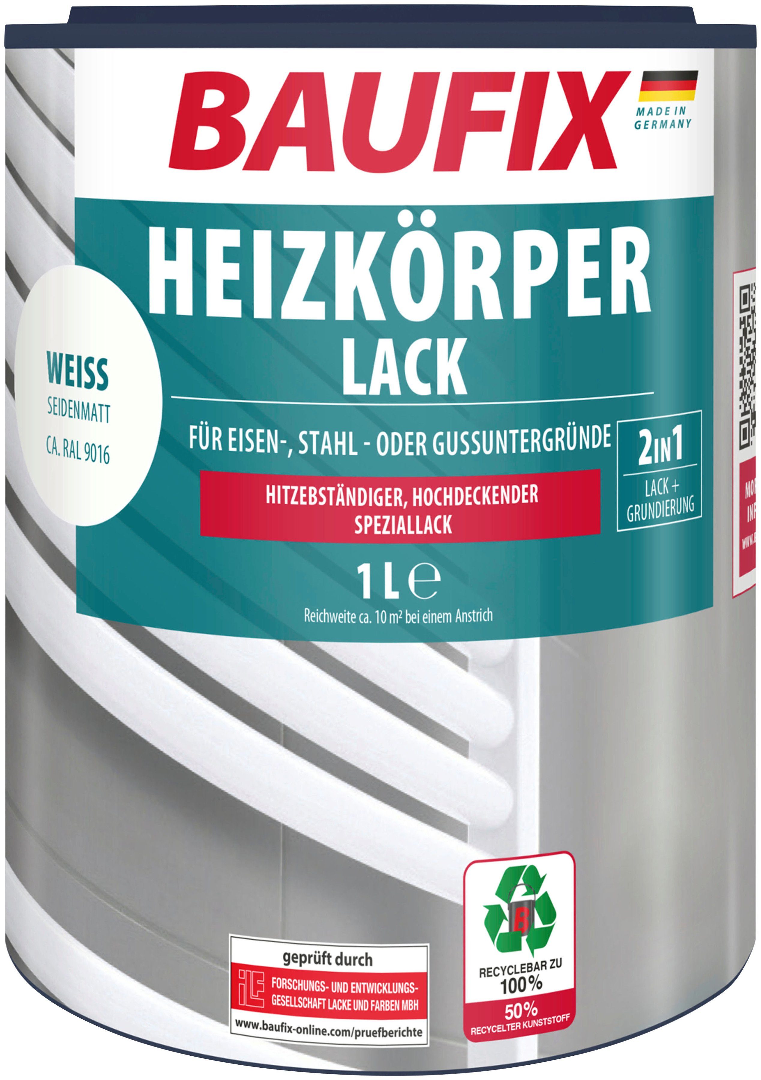 Baufix Weißlack Heizkörper Lack, hitze- & vergilbungsbeständig bis 80° C, 1L, weiß seidenmatt