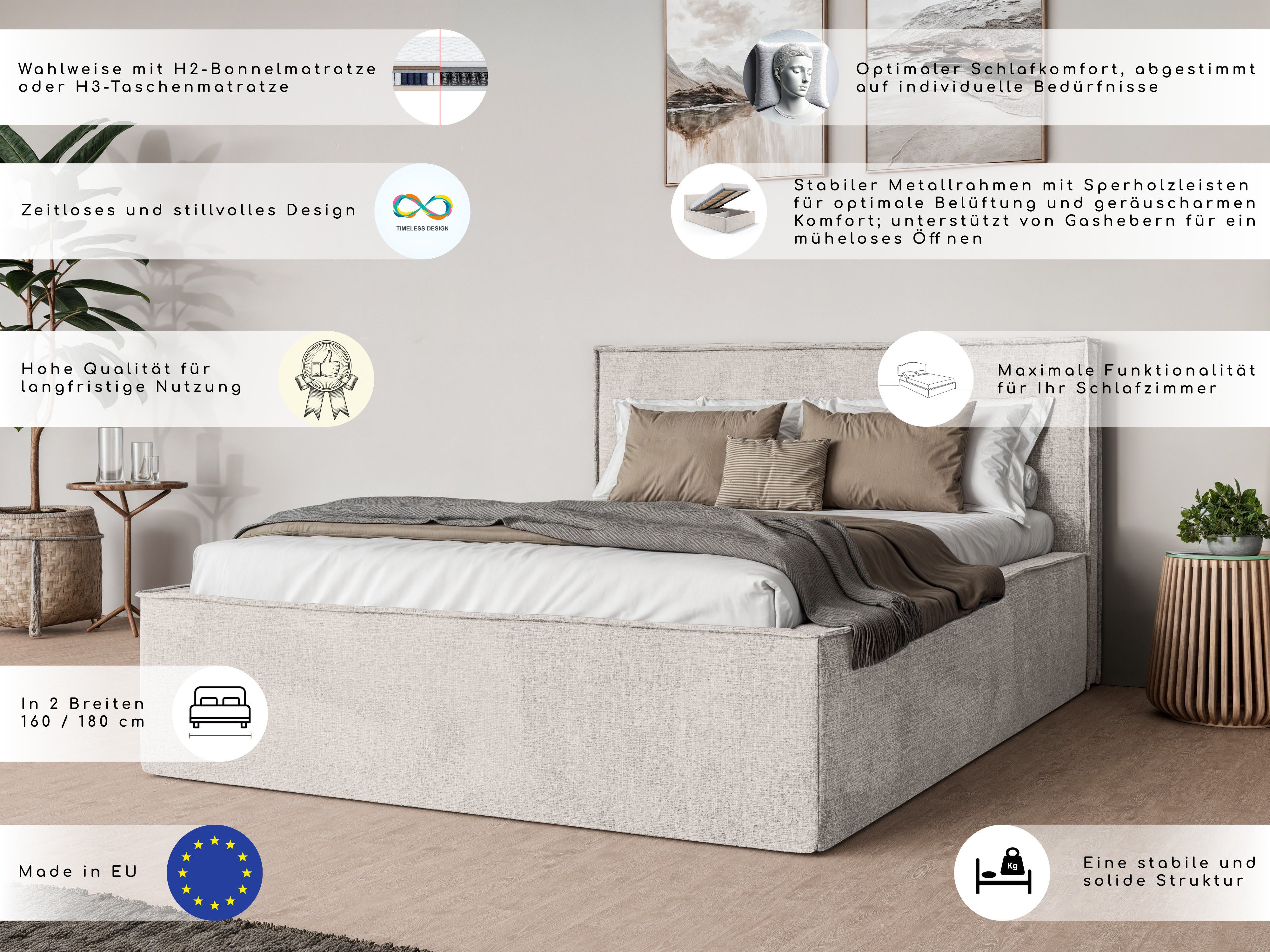 Home affaire Bett Östavall wahlweise mit Matratze und Topper, in zwei Breiten, Bettgestell mit Kopfteil und Bettkasten, mit/ohne Matratze (BFK/TFK)